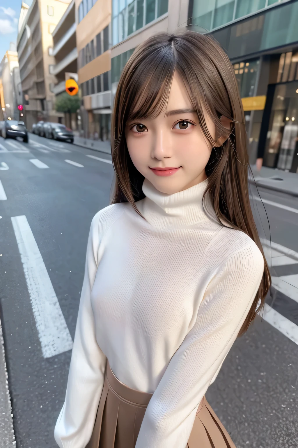 pieces fly、masterpiece、highest quality、Super detailed、High resolution、High resolution、8K portrait、unity 8k wallpaper、Detailed CG、unity 8k wallpaper、Detailed CGユニティ8kの壁紙、realistic、real person、portrait photography、shiny skin、（16 years old:1.2）、(cute:1.2)、High resolution、beautiful clear eyes、very detailed explanation、delicate face、nice lips、thin waist、thin legs、1 girl、(urban area:1.3)、(long sleeve turtleneck knit:1.3)、(flare skirt:1.3)、(big smile:1.3)、(Self snap:1.5)、((flat chest:1.6))