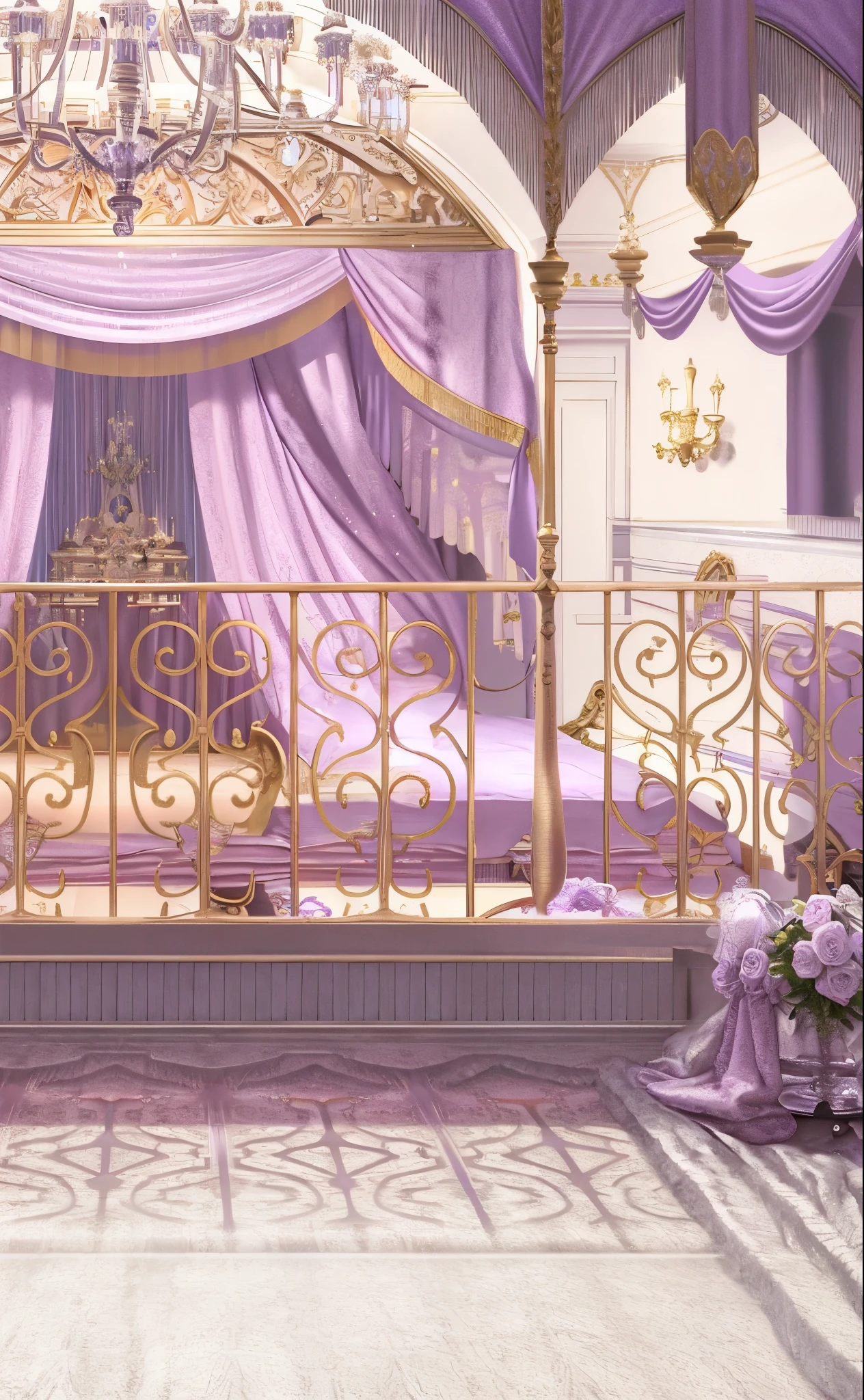 Purple and gold bedroom with bed and chandelier, palace background, ballroom background, bedroom background, personal room background, Fairy tale style background, royal garden background, anime background art, Stunning mystery background, Sleeping Beauty fairy tale, Gorgeous background, interior background art, Dreamy and detailed, 3D amazing details, Background art deco palace, Beautiful fairy tale rendering