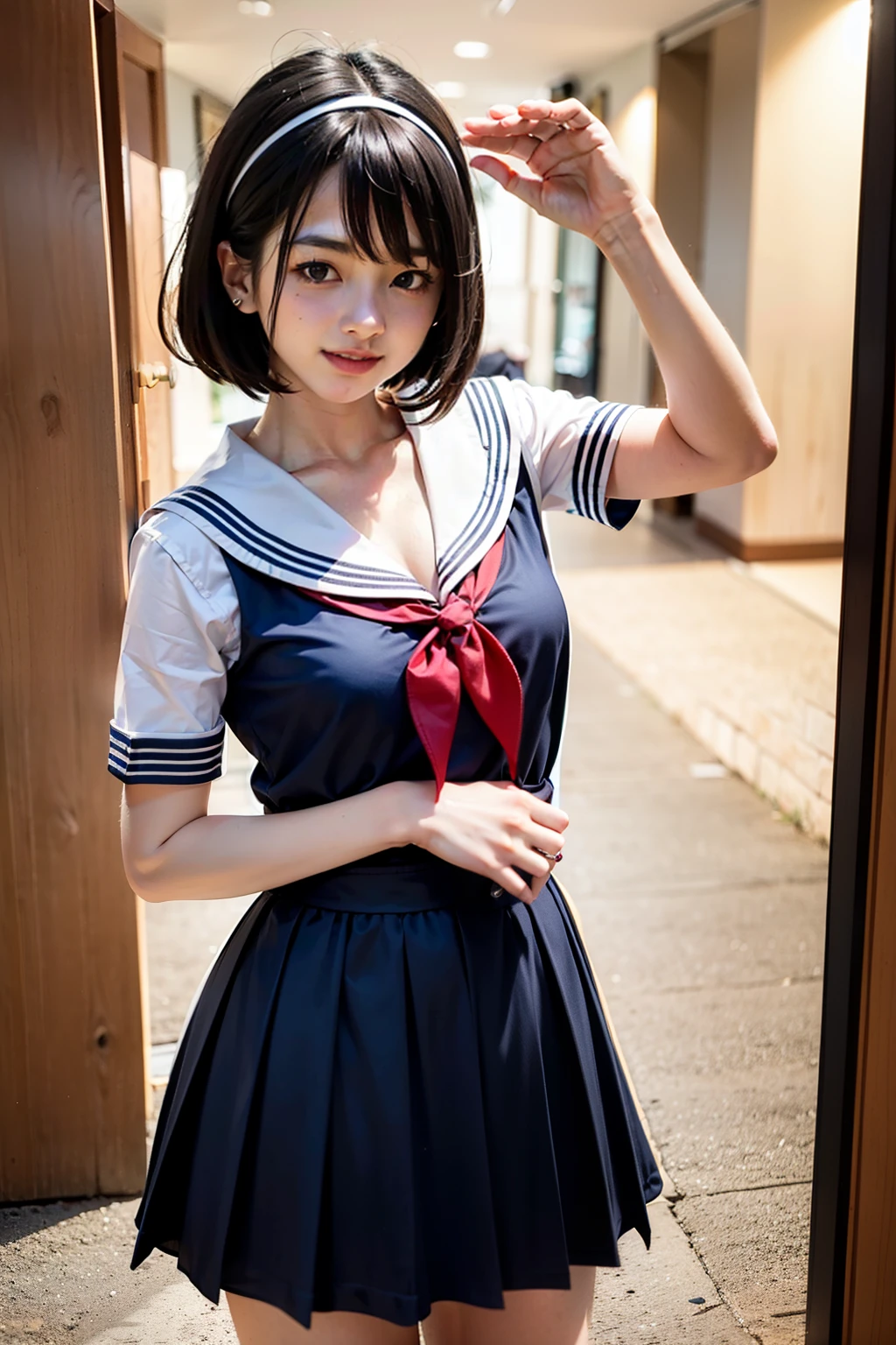 Body 8 times longer than head, (High-definition CG Unity 8K), (highest quality)，(very detailed)，(ultra high resolution), black hair, sailor suit, 紺色のsailor suit, sailor suitを着た女子高生, Dark blue skirt, anime 2d rendering, realistic young anime , ((white headband)), small breasts, tall, slanted eyes, (school scenery), black stockings, during the day, open your mouth a little, smile, bob cut, face detail drawing, small face, 