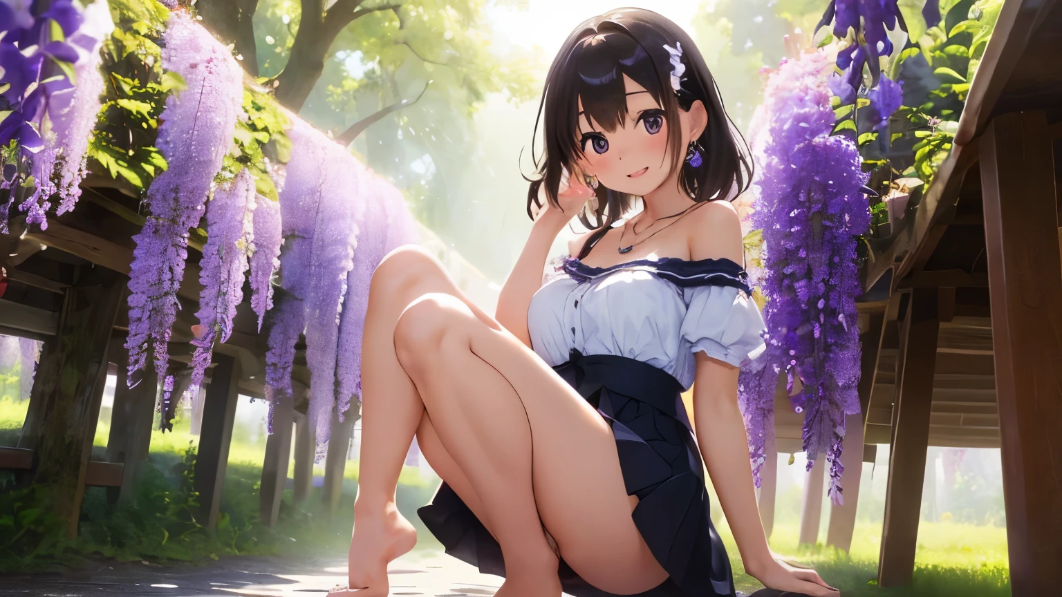 Beautiful woman、(highest quality、In 8K、32K、masterpiece、nffsw:1.3)、(Photoreal:1.4)、fine skin、is crying、Tears shine in the rays of the sun、grace、top grade、Sunglare、Lens flare、Wisteria shelf、Wisteria flower background、Detailed shading by sunlight、Depth of bounds written、blurred background、( White off-the-shoulder dress)、earrings、Women、necklace、(Sexy:1.2)、{{{{whole body}}}},(((genital hair))), NSFW, (((pubic hair))),(happy face)、(Toe to toe)、squat、pee、Take off your pants,mini skirt、I can see the crotch