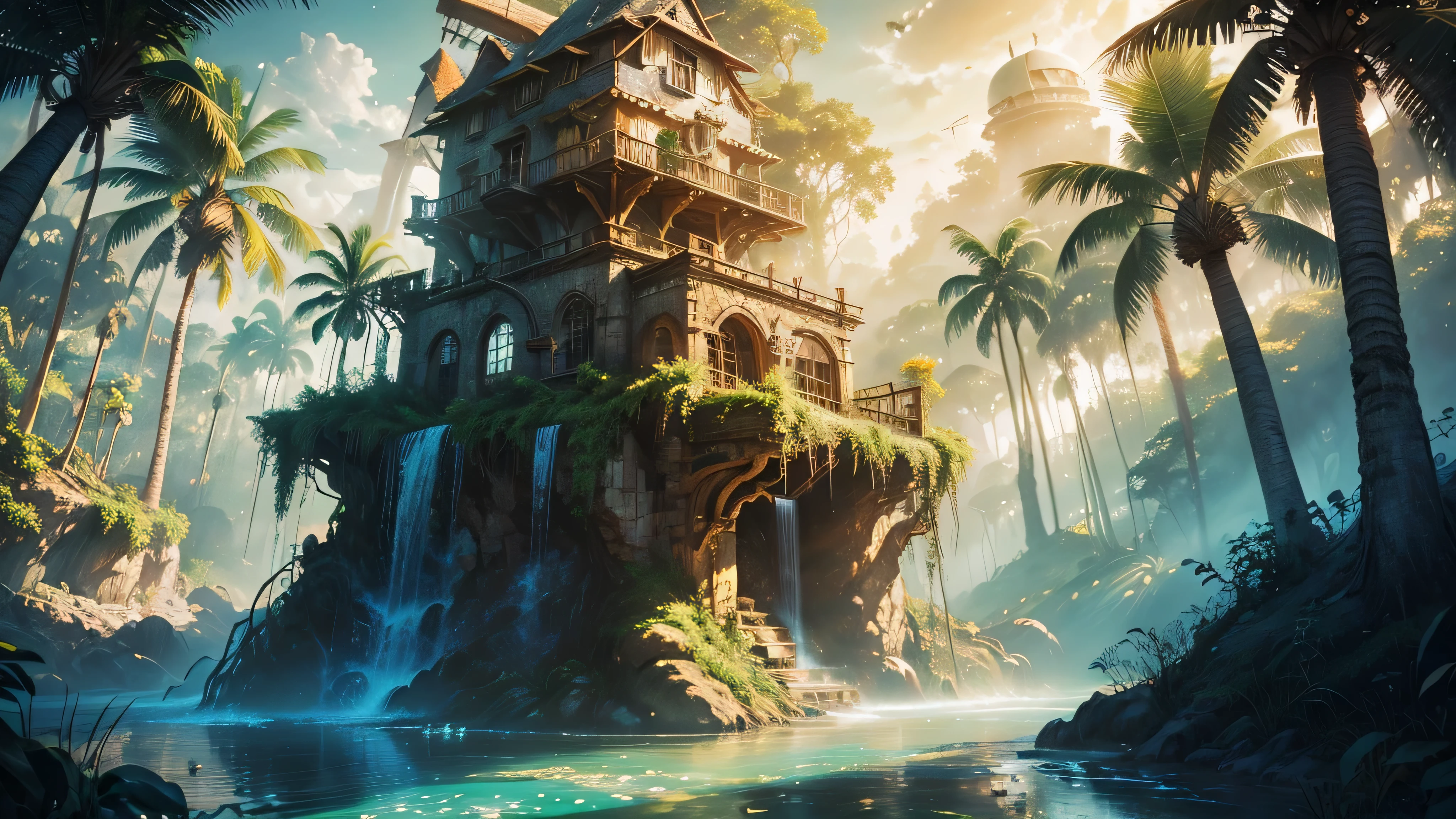 Gigantic colorful trees with many vines, Palmeiras, Coqueiro, fallen logs, a watermill with a waterwheel, moinho de vento, uma cachoeira exuberante, rio com grandes pedras hiper-realistas, sky with clouds, sol, Lua, global illumination, profundidade de campo, Efeito vidro quebrado, sem fundo, splendid, algo que nem existe, Being mythical, energia, molecular, Texturas, iridescente e luminescente, breathtaking beauty, pure perfection, Divine Presence, unforgettable, Impressionante, breathtaking beauty, volumetric light, auras, raios, cores vivas refletemlight, auras, raios, cores vivas refletem, aquarela, oil color, trends on artstation, sharp focus, studio photo, detalhes intrincados, altamente detalhado,