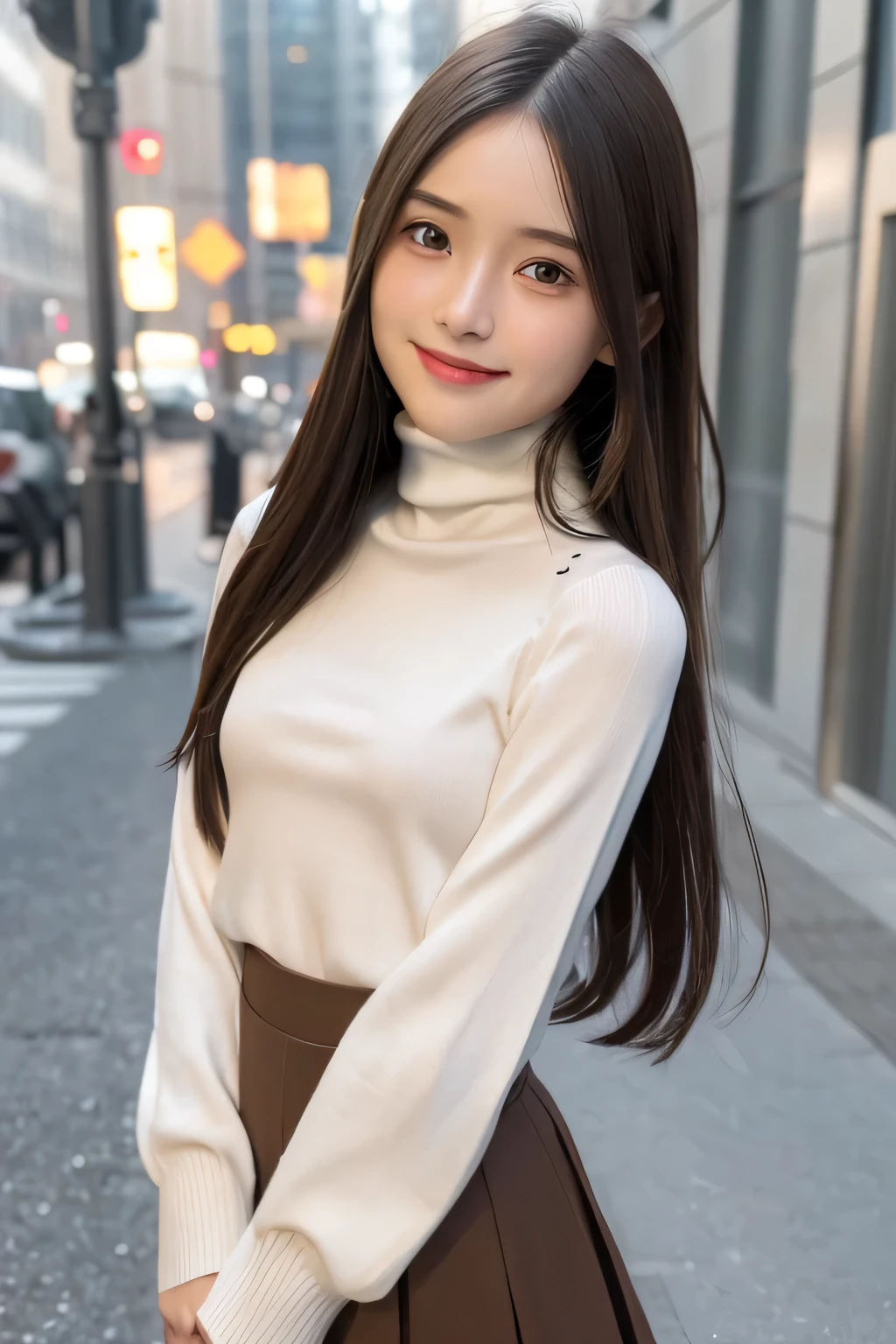 pieces fly、masterpiece、highest quality、Super detailed、High resolution、High resolution、8K portrait、unity 8k wallpaper、Detailed CG、unity 8k wallpaper、Detailed CGユニティ8kの壁紙、realistic、real person、portrait photography、shiny skin、(:1.2)、(cute:1.2)、High resolution、beautiful clear eyes、very detailed explanation、delicate face、nice lips、thin waist、thin legs、1 girl、(urban area:1.3)、(long sleeve turtleneck knit:1.3)、(flare skirt:1.3)、(big smile:1.3)、(Self snap:1.5)、((flat chest:1.6))