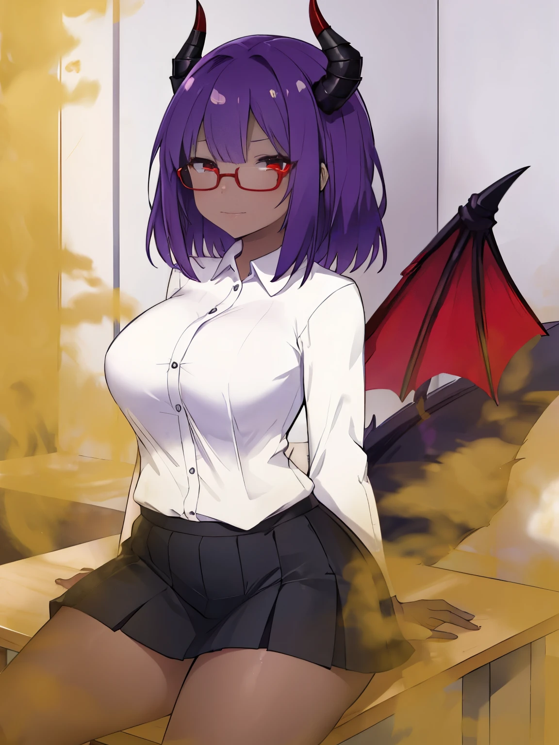 red horn, (black skin), purple hair, (highest quality, masterpiece), sitting, looking at the viewer, hands on the table, Previous table, behind the office, 1 female, neckline, mini skirt, white shirt, big breasts, big thighs, black skin, Glasses, short, black skin, alone,, Are standing, Libra, Dark Red Dragon Horn, dark red dragon tail, Subtle paternal with bright purple hues along the limbs and tail, red eyes,Girl fart,Skatank