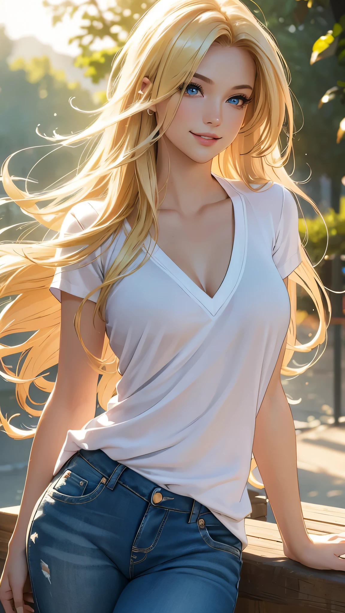 (best quality,ultra-detailed,photo-realistic:1.37),bright and vibrant colors,studio lighting,playful expression,stylish makeup,long blonde hair flowing in the wind,alluring eyes,glossy lips,sexy pose,Jean and Black V neck, college campus, smiling in a confident and seductive way,posing for a professional photoshoot,shallow depth of field,highlighting the main subject,soft natural lighting,creating a dreamy and magical atmosphere.