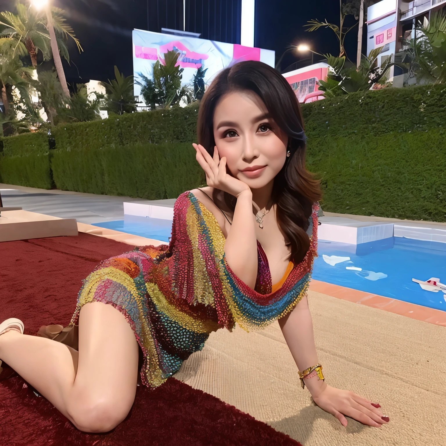 Seorang wanita cantik menggunakan dress putih tembus pandang dada montok dan seksi 