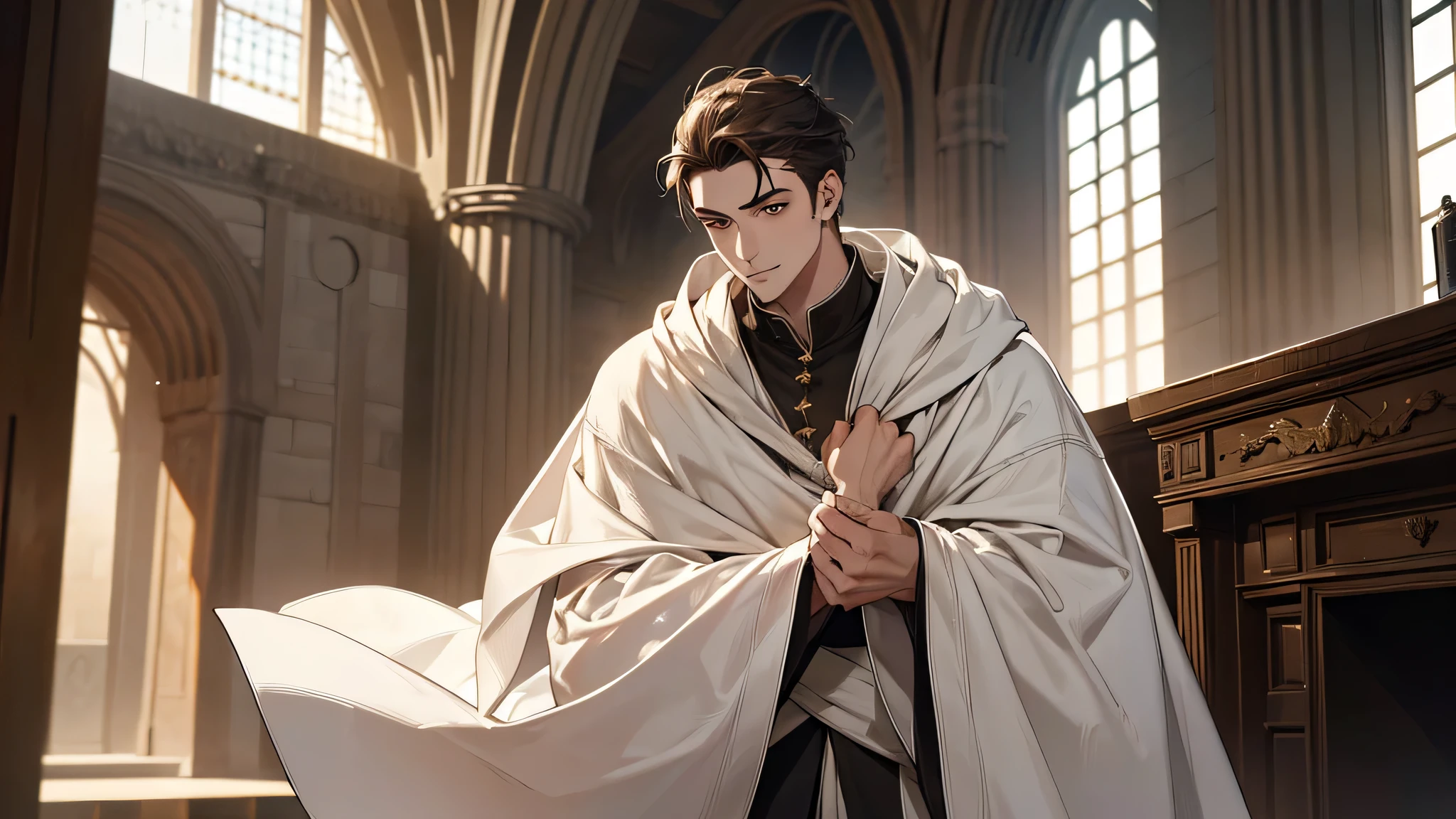 (absurdres, highres, ultra detailed), 1 male, adult, broad shoulders, finely detailed eyes and detailed face, no beard, Brown eyes, fantasy, indoors, Simple white robe, medieval, knight, Though you’re still young, you’re so undisciplined said the white-robed man with stubble said so and laughed. He said that he’s still sixteen sow how come he’s exhausted in such a young age. 