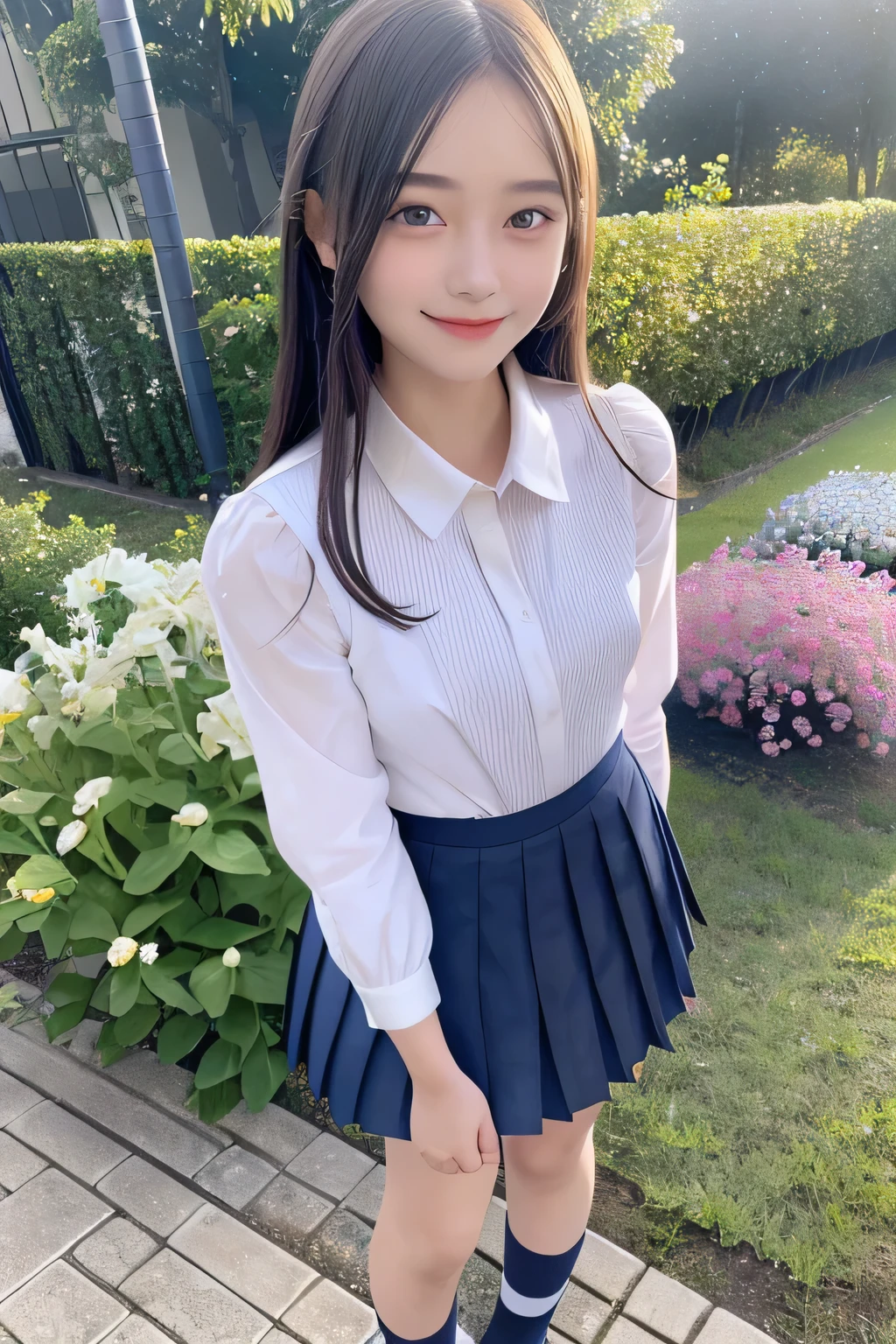 pieces fly、masterpiece、highest quality、Super detailed、High resolution、High resolution、8K portrait、unity 8k wallpaper、Detailed CG、unity 8k wallpaper、Detailed CGユニティ8kの壁紙、realistic、real person、portrait photography、shiny skin、（25 years old:1.2）、High resolution、beautiful clear eyes、very detailed explanation、delicate face、nice lips、thin waist、thin legs、1 girl、(garden:1.3)、(school uniform:1.4)、(cutter shirt:1.2)、(navy pleated skirt:1.3)、(big smile:1.2)、(stop temporarily:1.2)、(flat chest:1.4)
