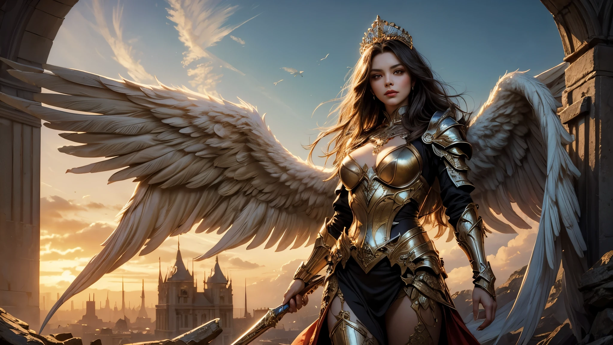 (offcial art, masterpiece, best quality, photorealistic, very detailed, best shade), 1 mature woman, alone, angel, long hair, ghotic, fantasy, wings, gold, tiara, confident look, armor, symmetrical eyes
