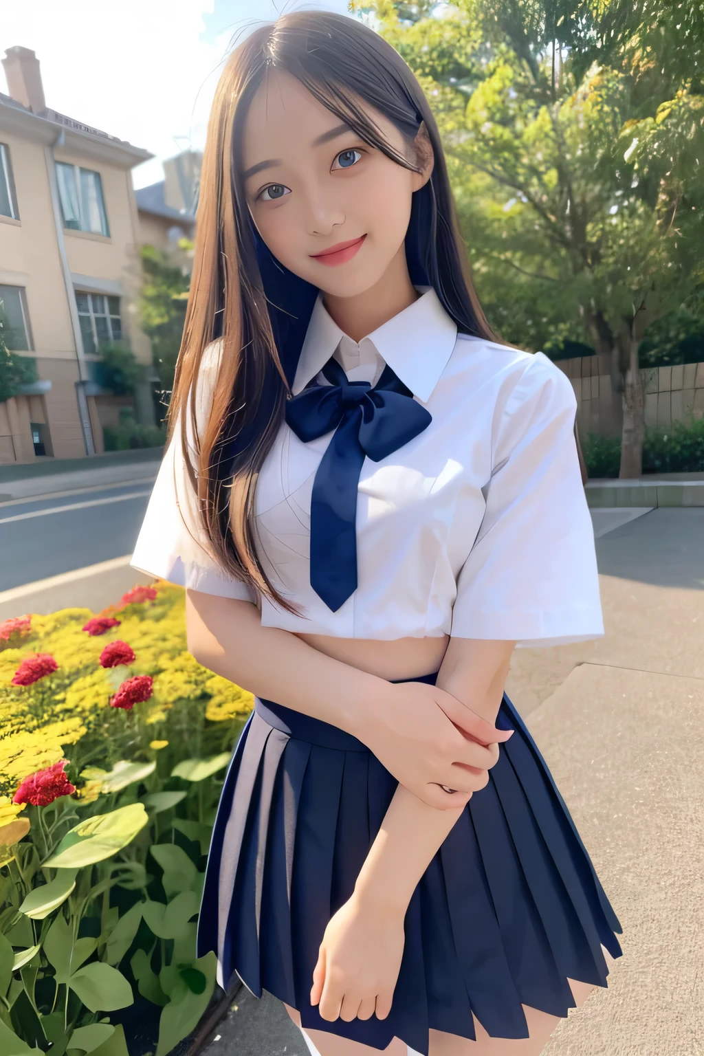 pieces fly、masterpiece、highest quality、Super detailed、High resolution、High resolution、8K portrait、unity 8k wallpaper、Detailed CG、unity 8k wallpaper、Detailed CGユニティ8kの壁紙、realistic、real person、portrait photography、shiny skin、(25 years old:1.2)、High resolution、beautiful clear eyes、very detailed explanation、delicate face、nice lips、thin waist、thin legs、1 girl、(garden:1.3)、(school uniform:1.4)、(cutter shirt:1.2)、(navy pleated skirt:1.3)、(big smile:1.2)、(stop temporarily:1.2)、(flat chest:1.4)