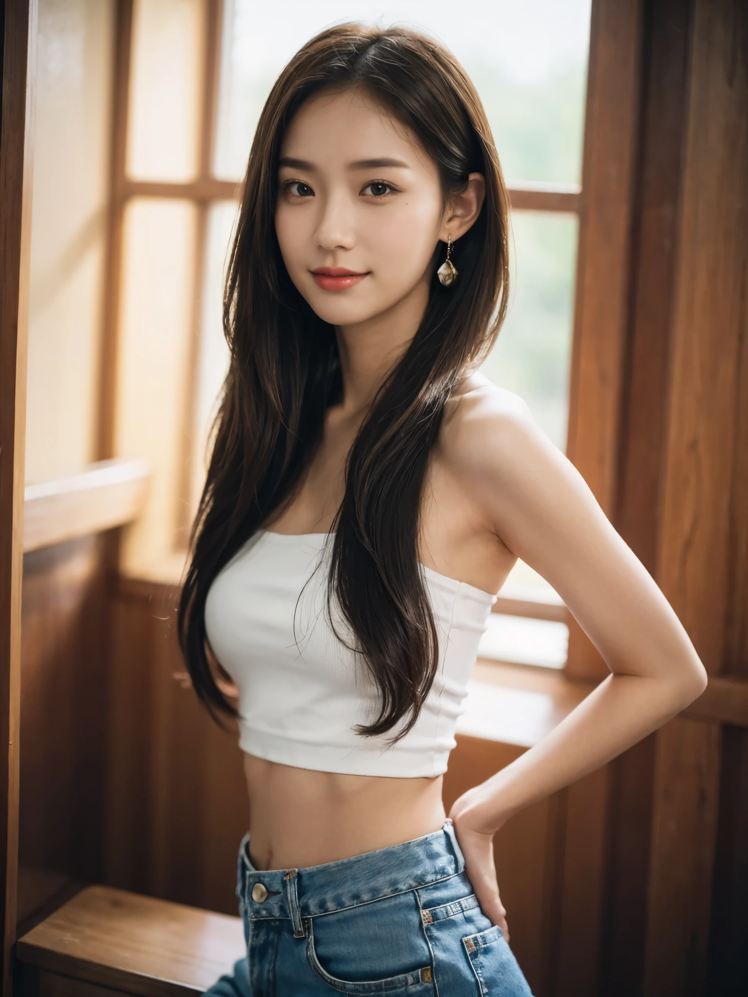 Thai girl, 20 years old, long hair, glossy lips, (white tube top midriff, short jeans pencil skirt), white headband, round earrings, small, slim shape, dynamic pose, smile, dynamic angle, sun lighting beams directly to her, portrait, ass shot, (((helios 44-2 58mm f2))), nature background, sharp focus, center framed, symmetrical, diffused lighting, dutch angle, cowboy shot, from below, (((photorealistic))), high detail, cinematic lighting, silhouette, film grain