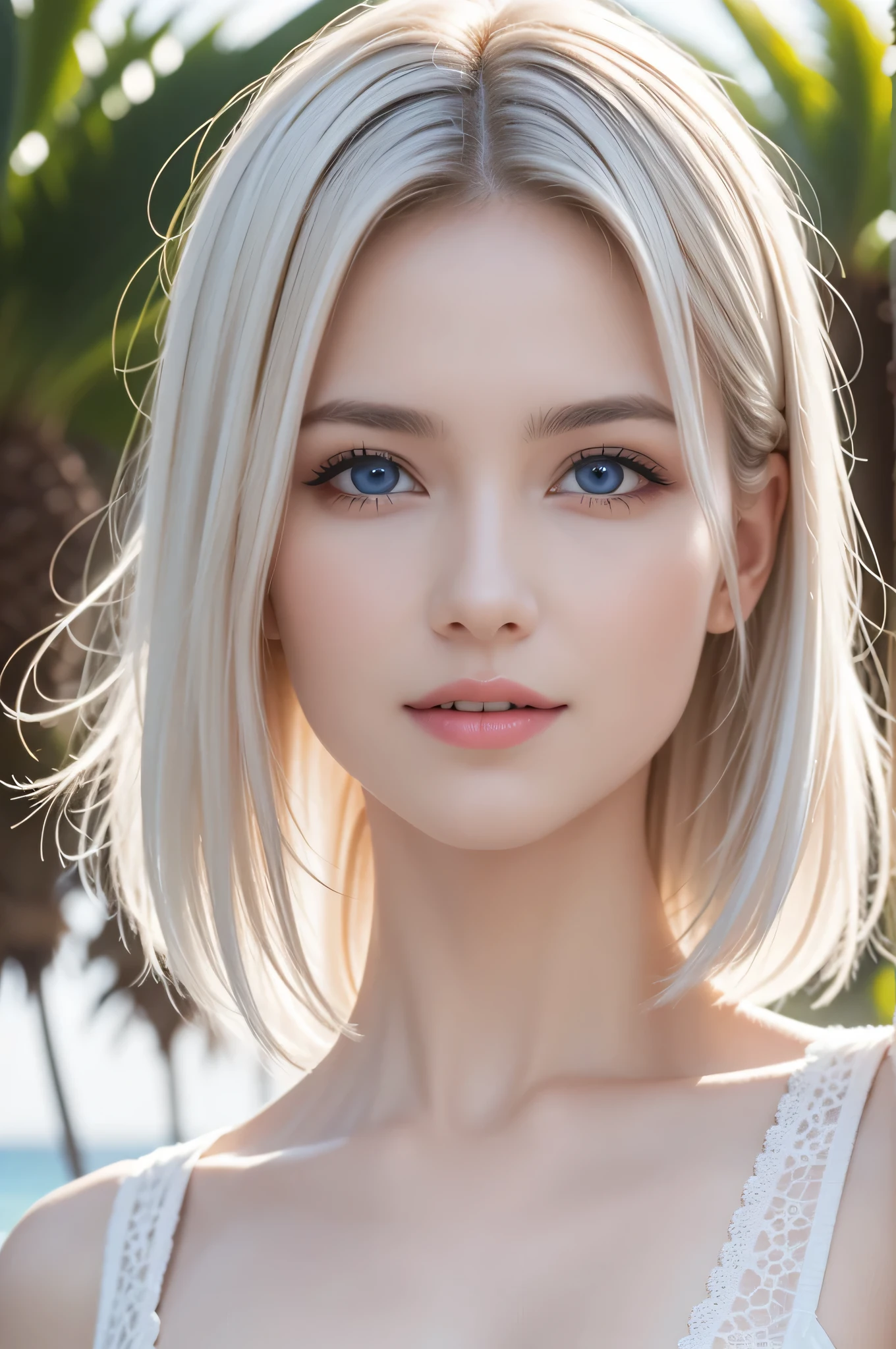 1 girl, (highest quality:1.4), (super detailed), (detailed light), (Highly detailed beautiful face), wonderful face and eyes, clear blue eyes, beautiful white hair, WHITE hair fluttering in the wind, Beautiful sheer lace details, beautiful breasts, Highly detailed CG integrated 8k wallpaper, High resolution raw color photos, professional photos, dynamic lighting, (nipple:0.94), sunny, Ocean, Palm tree, 