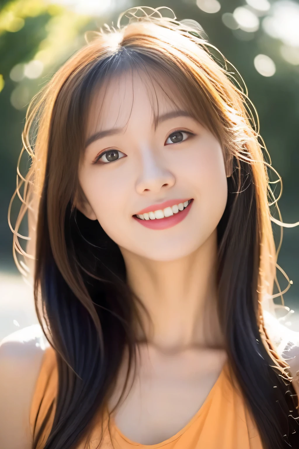 highest quality。8K-Picture。random、young gravure idol。Beautiful Women in perfect style。she'She's thin but her breasts are big。The attraction of the gap。slim abs。silver hair。(big breasts:1.4)。cute eyes。double eyelid。length, wavy hair。Very delicately drawn face。perfect style。Orange Sleeveless Dress、Orange clothes:1.5、orange high neck dress:1.5、orange dress:1.5)Filming Locations。(The fate of gravure idols、big breasts:1.4)。Subtle smile or shyness。Filming Locations。(The fate of gravure idols、big breasts:1.4)。Subtle smile or shyness。