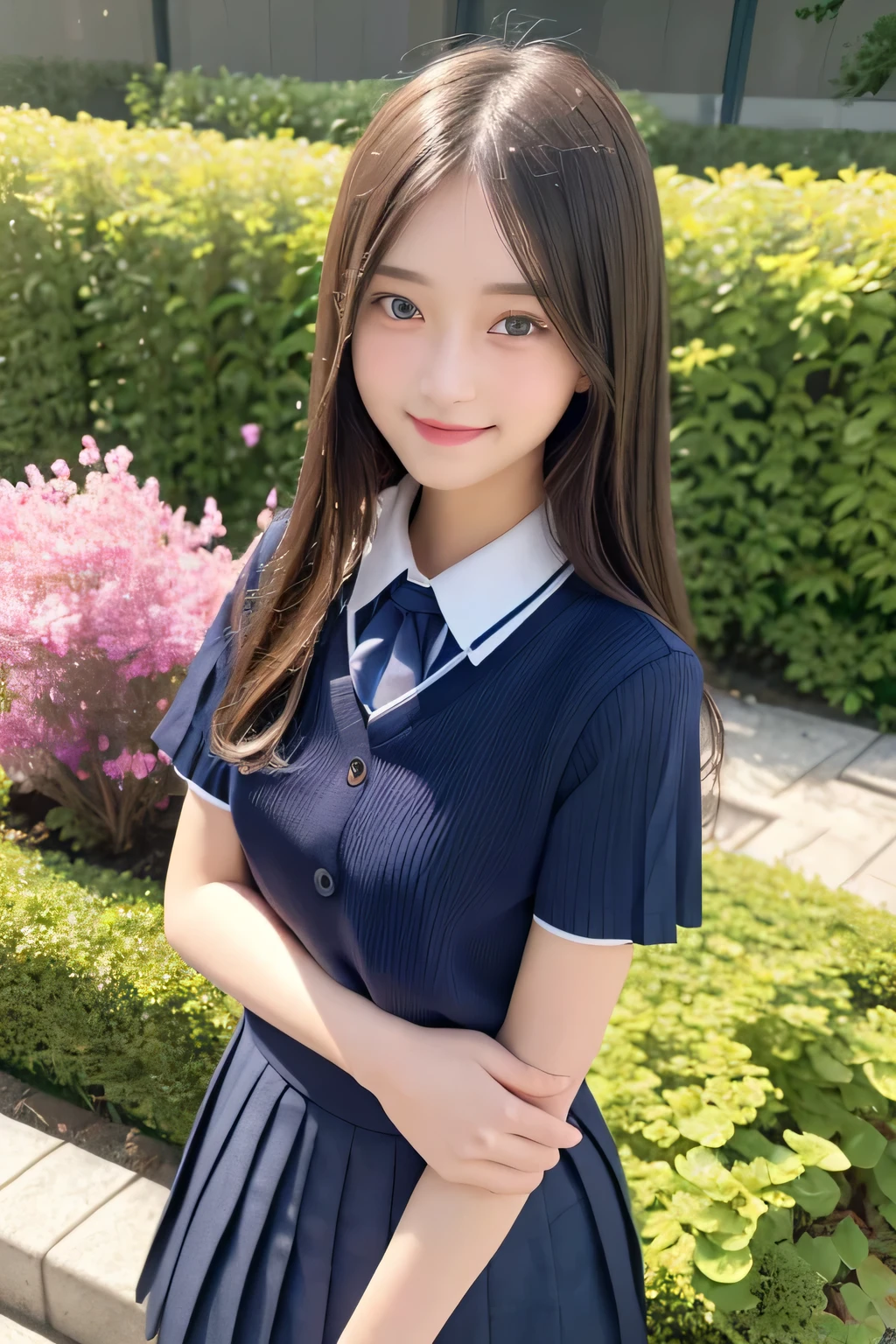 pieces fly、masterpiece、highest quality、Super detailed、High resolution、High resolution、8K portrait、unity 8k wallpaper、Detailed CG、unity 8k wallpaper、Detailed CGユニティ8kの壁紙、realistic、real person、portrait photography、shiny skin、(25 years old:1.2)、High resolution、beautiful clear eyes、very detailed explanation、delicate face、nice lips、thin waist、thin legs、1 girl、(garden:1.3)、(school uniform:1.4)、(cutter shirt:1.2)、(navy pleated skirt:1.3)、(big smile:1.2)、(stop temporarily:1.2)、(flat chest:1.4)