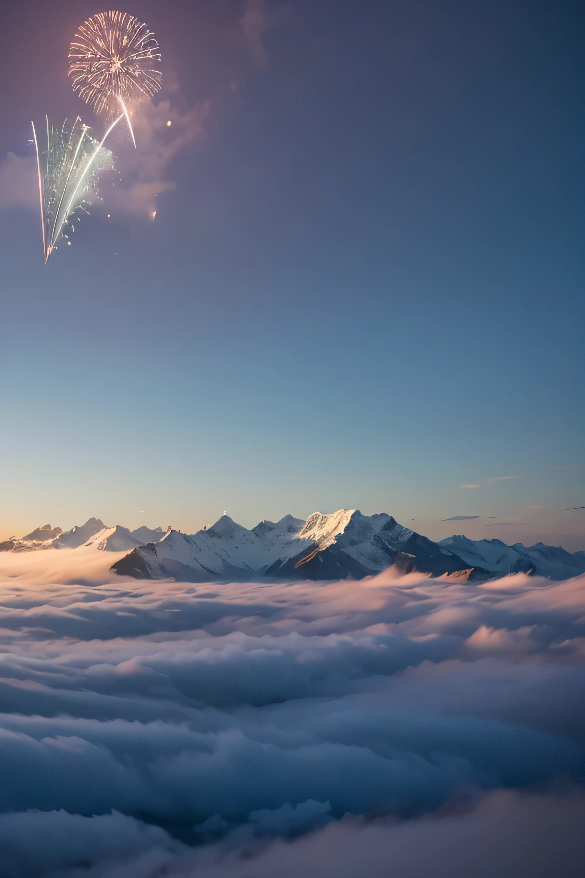 Plane flying in clouds and fog,Overlooking the snow-capped mountains of the Qinghai-Tibet Plateau,Fireworks bloom in the sky