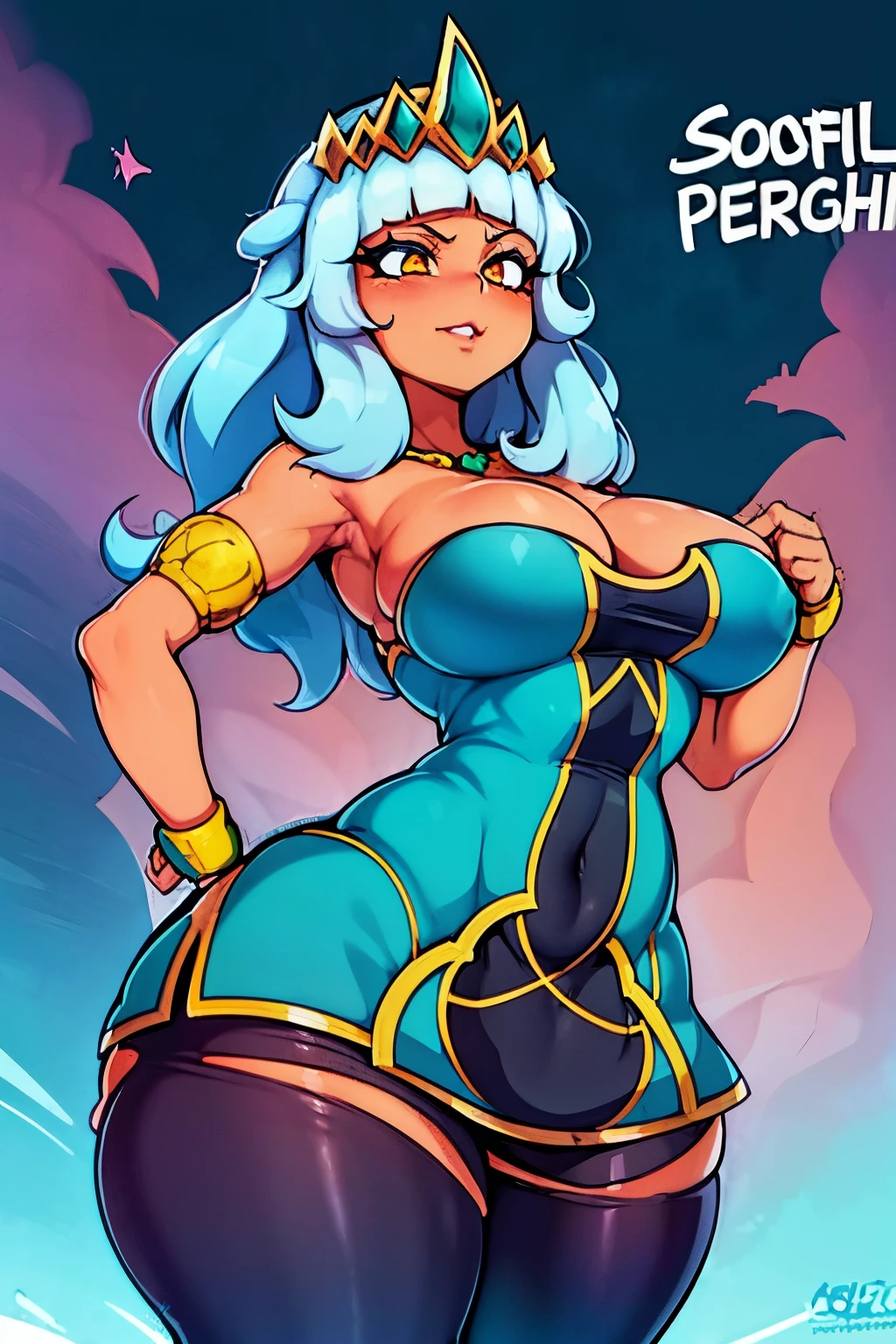Cartoon poster depicting an anime woman with big breasts, Grande, Fat belly and small breasts, 1 chica, solamente, piel oscura, english text, viejo, hembra de piel oscura, Al aire libre, muslos gruesos, , cabello largo, ombligo, Mano en la cadera, sombra de ojos