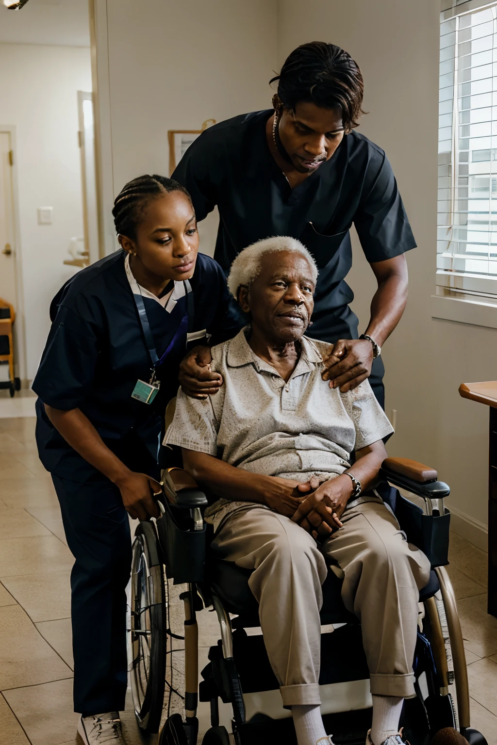 a  black elderly man sitting on a wheelchair with a Caucasian caregiver inside the nursing home.