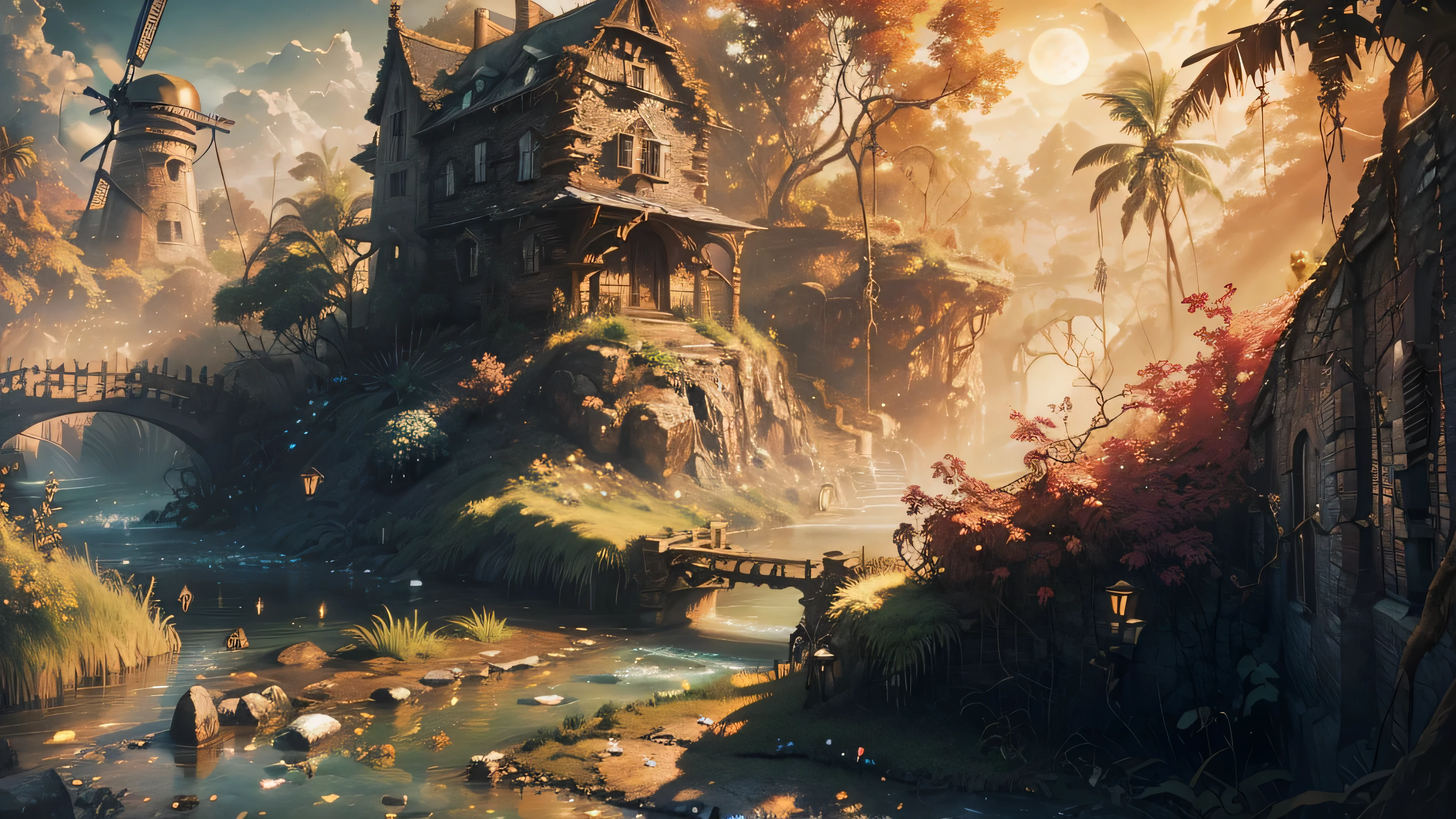 Gigantic colorful trees with many vines, Palmeiras, Coqueiro, fallen logs, a watermill with a waterwheel, moinho de vento, uma cachoeira exuberante, rio com grandes pedras hiper-realistas, sky with clouds, sol, Lua, global illumination, profundidade de campo, Efeito vidro quebrado, sem fundo, splendid, algo que nem existe, Being mythical, energia, molecular, Texturas, iridescente e luminescente, breathtaking beauty, pure perfection, Divine Presence, unforgettable, Impressionante, breathtaking beauty, volumetric light, auras, raios, cores vivas refletemlight, auras, raios, cores vivas refletem, aquarela, oil color, trends on artstation, sharp focus, studio photo, detalhes intrincados, altamente detalhado,