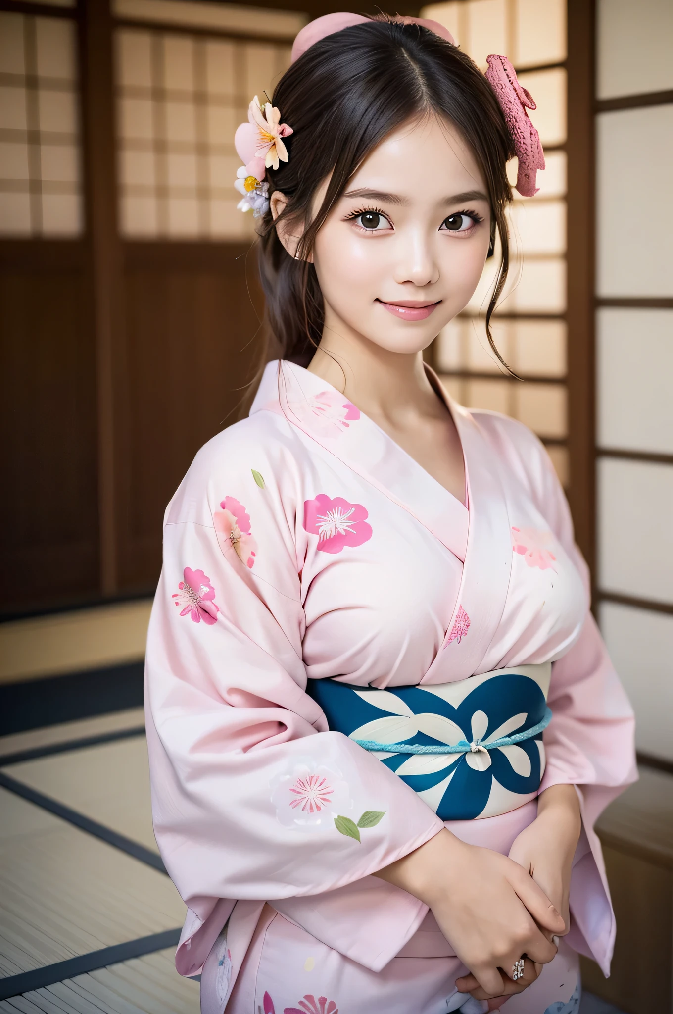 (***ung girl), Extremely cute face, Amazing face and eyes, (Highly detailed eyes, Highly detailed face), fresh, Very clean appearance, (Hyper-realistic, hight resolution), (Best Quality:1.4), Raw photo, (Realistic, Photorealsitic:1.37), Professional Photography, (light pink floral pattern yukata:1.5), (Open yukata), (cleavage:1.2), (Bare shoulders), Smile slightly, (Staring at me), Bedroom, girl portrait,