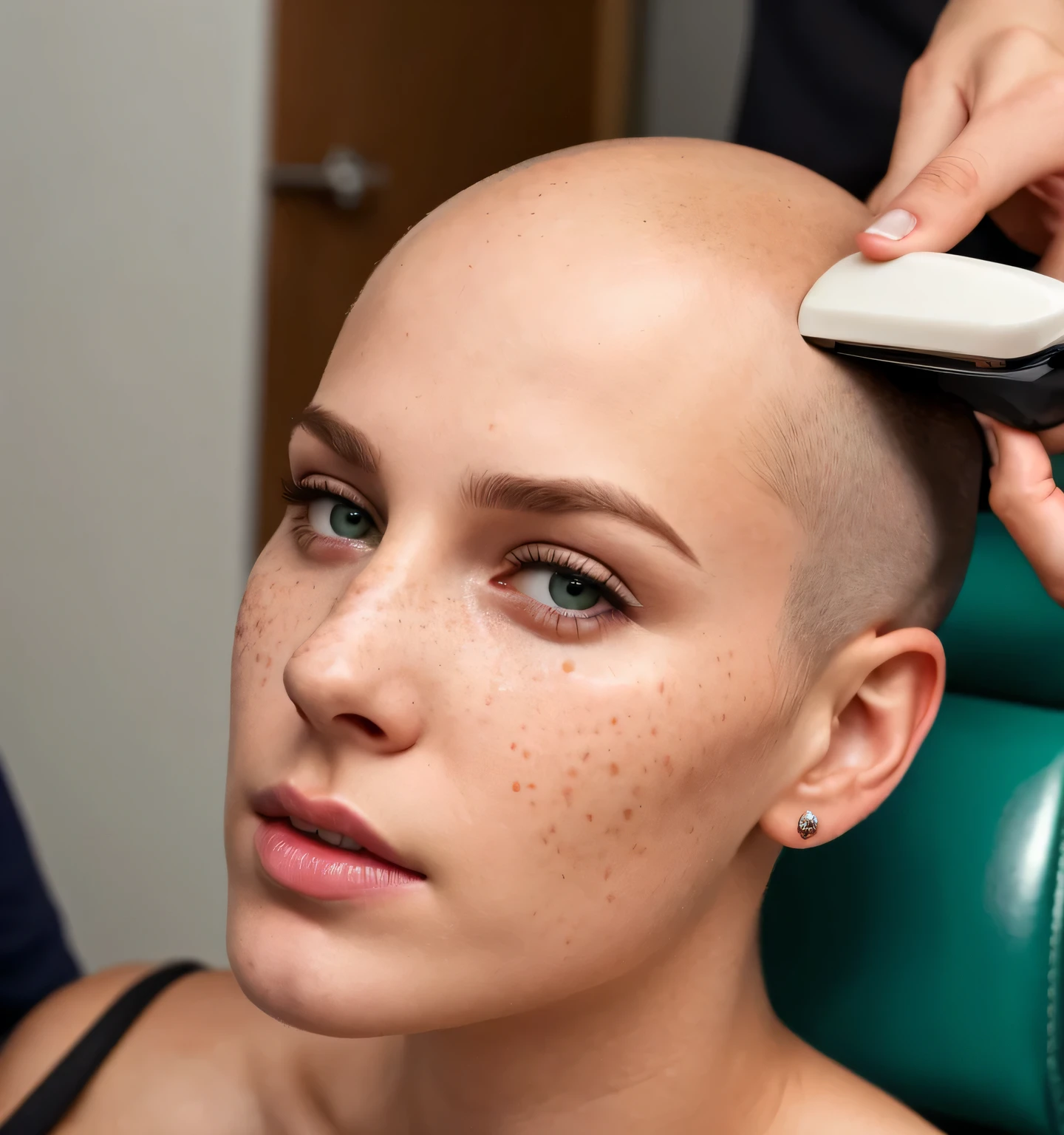 most beautiful girl, shiny bald head, freckles, she has green eyes, she is sitting in a barber chair, it is night time, profile image, she has small breasts, her head is shiny and bald, she is crying tears, she is really sad, tears are on her face, she is sobbing, Another beautiful girl is with her, she is bald, she is shaving her head with a razor