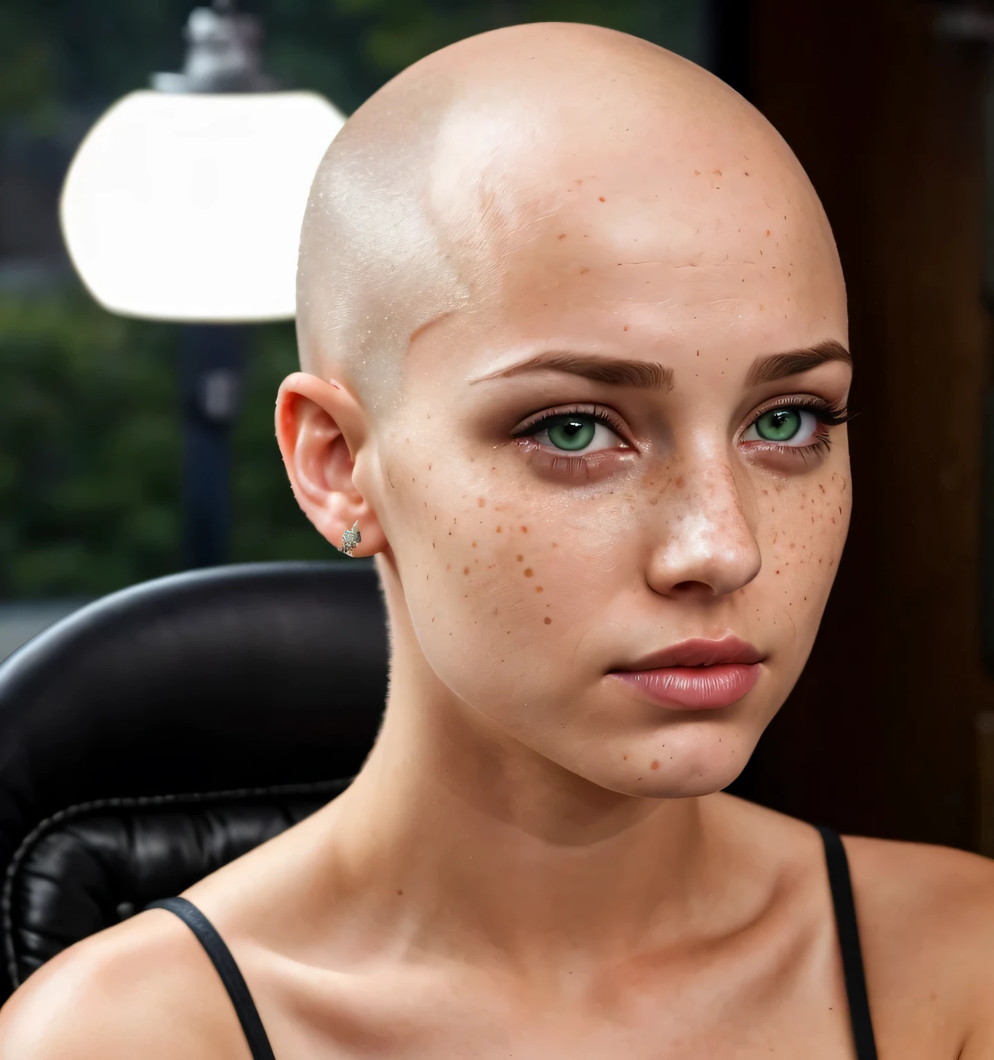 most beautiful girl, shiny bald head, freckles, she has green eyes, she is sitting in a barber chair, it is night time, profile image, she has small breasts, her head is shiny and bald, she is crying tears, she is really sad, tears are on her face, she is sobbing, Another beautiful girl is with her, she is bald too, she is shaving her head with a razor and shaving cream