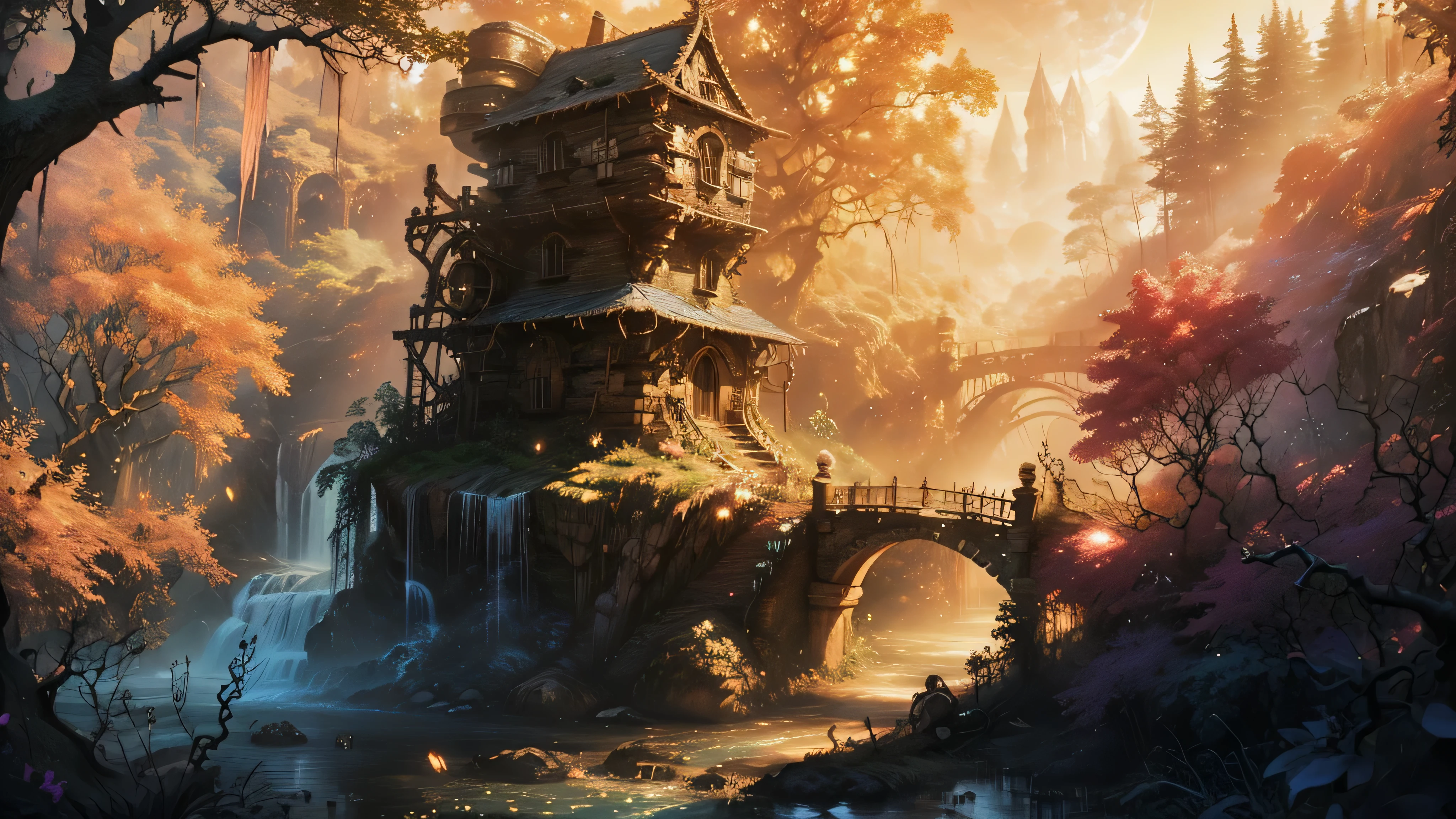 Gigantic colorful trees with many vines, Palmeiras, Coqueiro, fallen logs, a watermill with a waterwheel, moinho de vento, uma cachoeira exuberante, rio com grandes pedras hiper-realistas, sky with clouds, sol, Lua, global illumination, profundidade de campo,  Efeito vidro quebrado, sem fundo, splendid, algo que nem existe, Being mythical, energia, molecular, Texturas, iridescente e luminescente, breathtaking beauty, pure perfection, Divine Presence, unforgettable, Impressionante, breathtaking beauty, volumetric light, auras, raios, cores vivas refletemlight, auras, raios, cores vivas refletem, aquarela, oil color, trends on artstation, sharp focus, studio photo, detalhes intrincados, altamente detalhado,