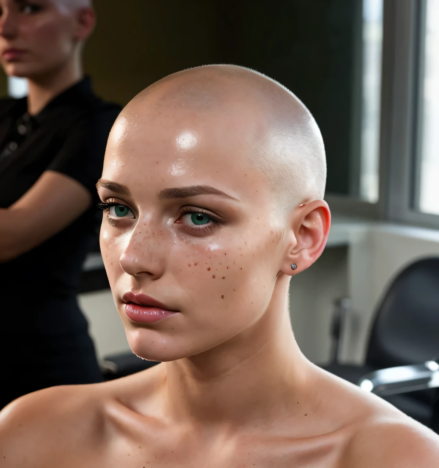 most beautiful girl, shiny bald head, freckles, she has green eyes, she is sitting in a barber chair, it is night time, profile image, she has small breasts, her head is shiny and bald, she is crying tears, she is really sad, tears are on her face, she is sobbing