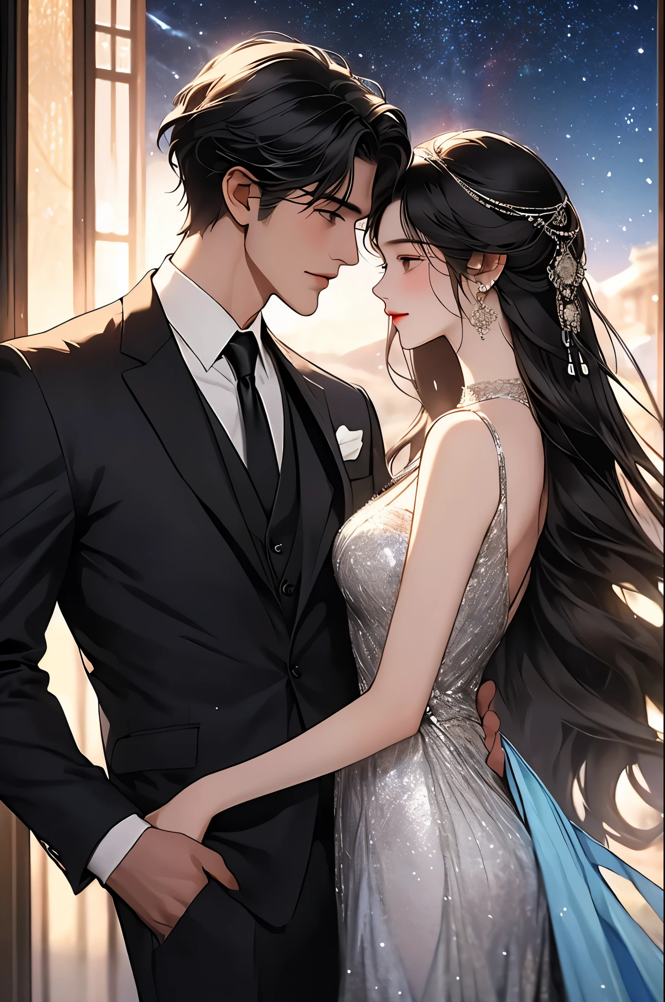 Masterpiece, best quality, 8K, high tone, super detail, a couple of lovers, they kiss romantically in Ming. A handsome man, wearing a dark color suit. His features are detailed, the girl is wearing a beautiful silver dress, long black hair, their bodies are tightly pressed together, the curtains flutter gently, the night, the stars, Modern urban romance,,Illustrated, true,