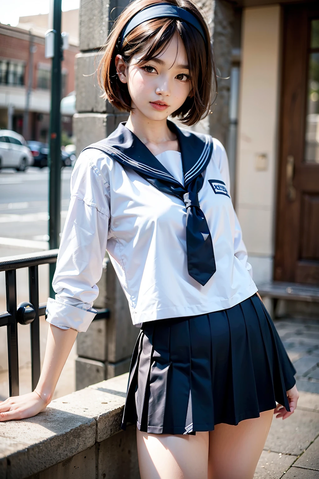 Body 8 times longer than head, (High-definition CG Unity 8K), (highest quality)，(very detailed)，(ultra high resolution), black hair, sailor suit, 紺色のsailor suit, sailor suitを着た女子高生, Dark blue skirt, anime 2d rendering, realistic young anime , ((white headband)), small breasts, tall, slanted eyes, (school scenery), black stockings, during the day, open your mouth a little, smile, bob cut, face detail drawing, small face, 