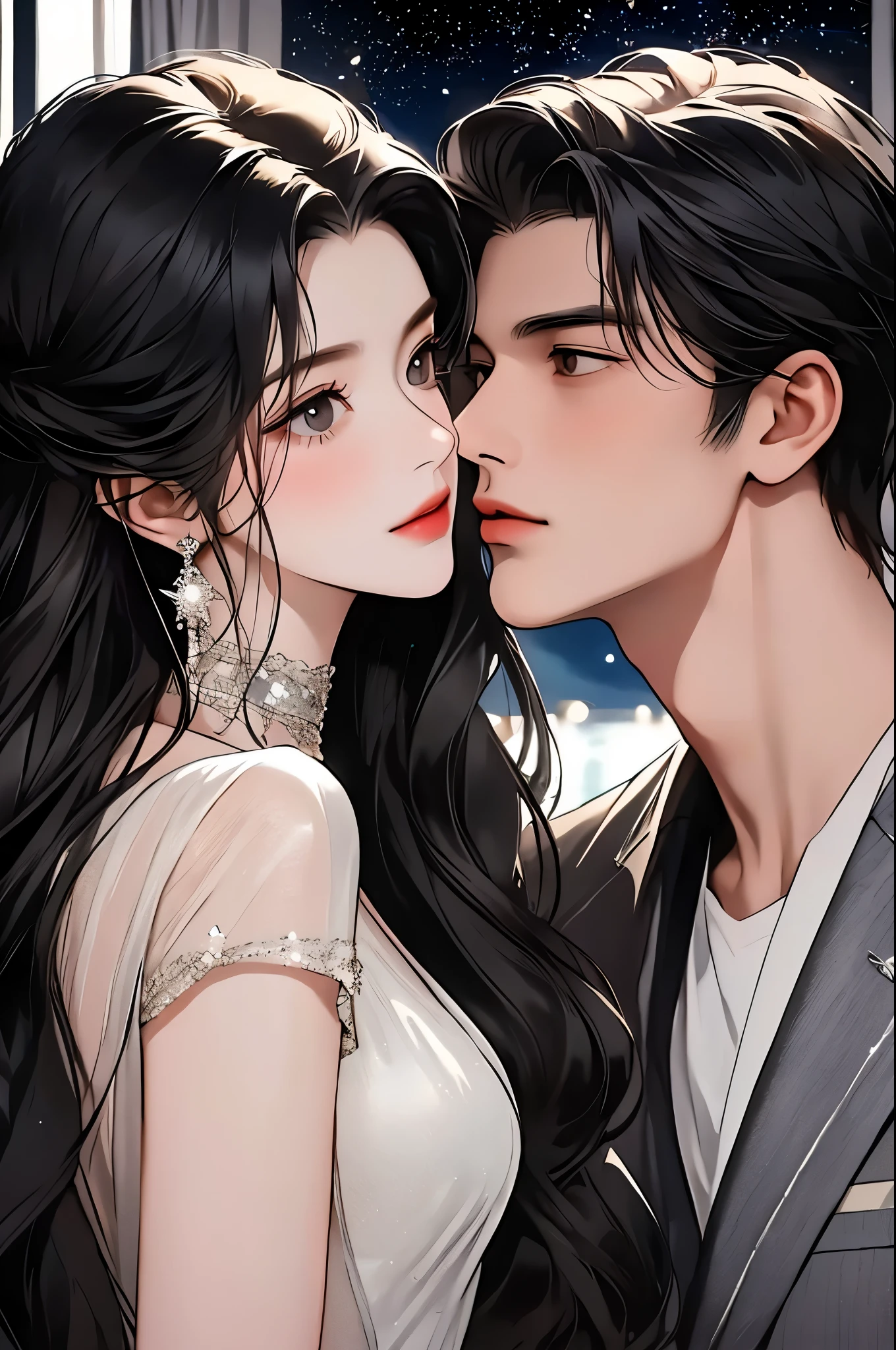 Masterpiece, best quality, 8K, high tone, super detail, a couple of lovers, they kiss romantically in Ming. A handsome man, wearing a dark color suit. His features are detailed, the girl is wearing a beautiful silver dress, long black hair, their bodies are tightly pressed together, the curtains flutter gently, the night, the stars, Modern urban romance,,Illustrated, true,
