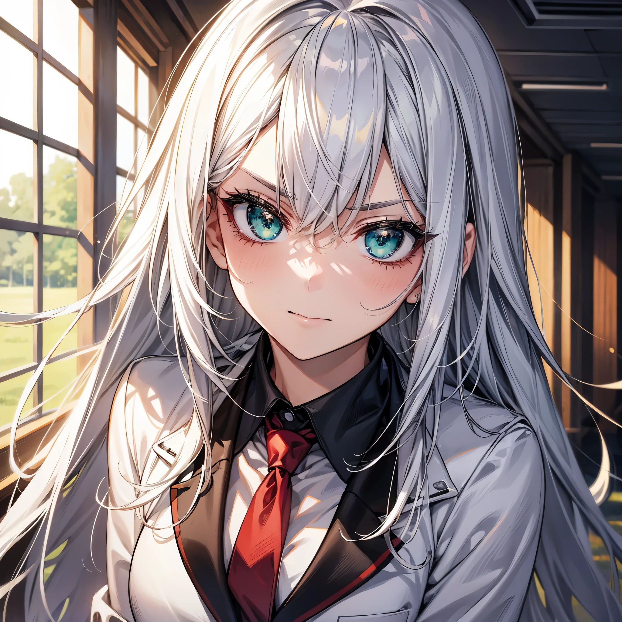 A pretty beautiful lady, green forest eyes and white hair, long hair, "White buttoned shirt", "Black blazer with a school logo", "Stockings", "Red necktie", looking at you in annoyance, looking at you in annoyance, looking at you in annoyance,looking at you in annoyance,looking at you in annoyance a human, modern era, daylight, the backround to school hallway, head portrait, face focus, tilting her face, head portrait, face focus,head portrait, face focus, head portrait, face focus, head portrait, face focus, tilting her face,tilting her face,tilting her face,tilting her face