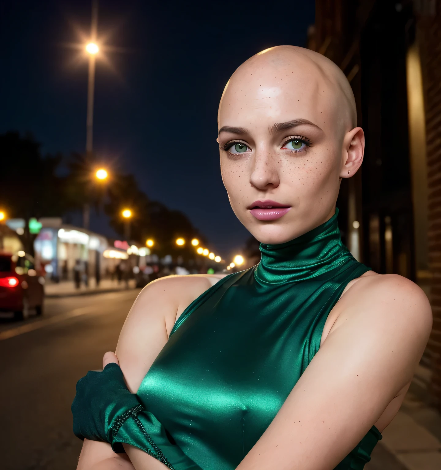 most beautiful girl, shiny bald head, freckles, she has green eyes, she is on the city street, it is night time, profile image, she has small breasts, her head is shiny and bald, she wears a pink cast on her wrist, she is crying, she is holding her arm
