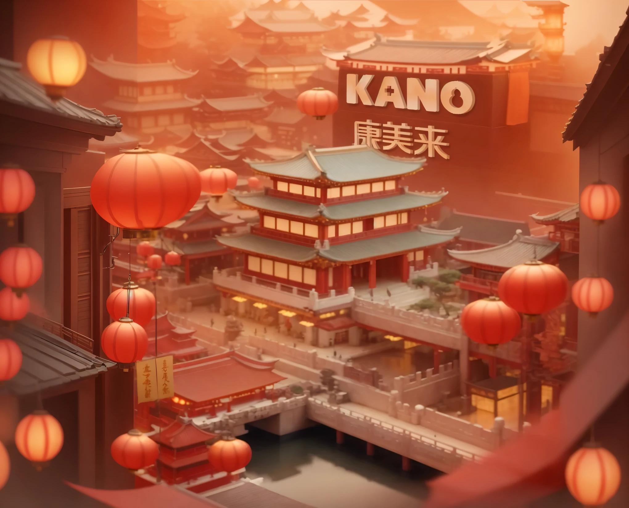 Many red lanterns hang from the ceiling of the building, Dream China Town, Beautiful rendering of the Tang Dynasty, Japonisme 3d 8k super detailed, 3d rendering beeple, Chinese dreamland, beeple global illumination, Chinese style, Chinese architecture, Cyberpunk Chinese Ancient Castle, ancient Chinese architecture, rossdraws global illumination, Chinese watercolor style