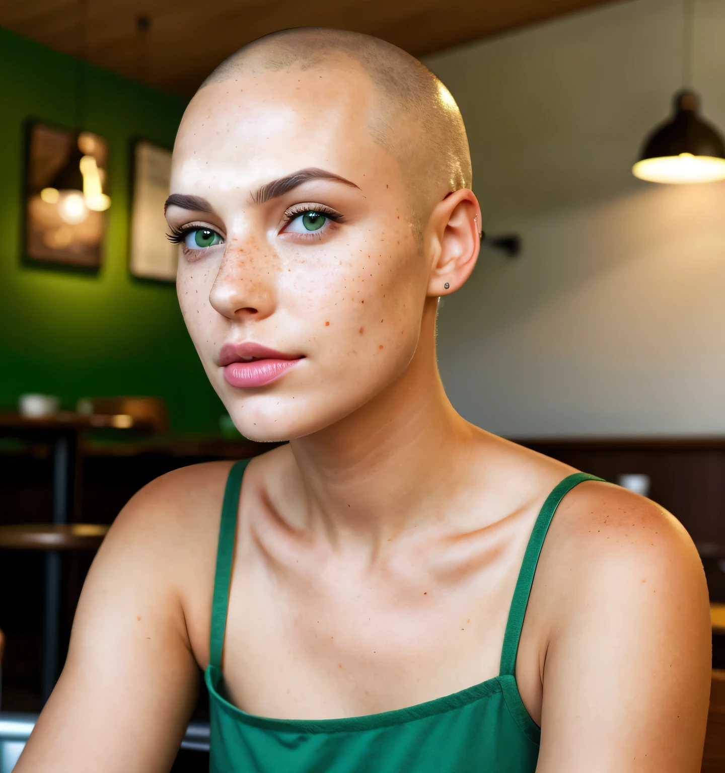 most beautiful girl, shiny bald head, freckles, green eyes, sitting at cafe, profile image