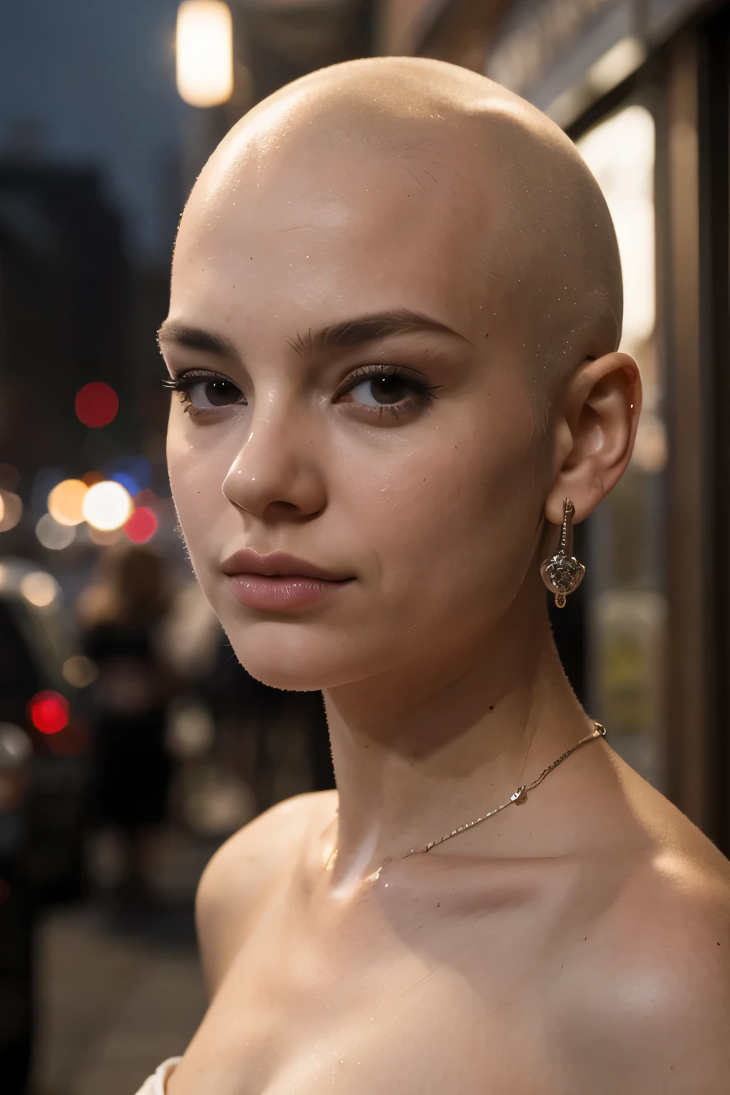 ((best quality)), ((masterpiece)), (detailed), perfect face, girl has her head shaved smooth, girl, outside in city at night, piercing in both nostrils, she has nose piercings, she has a shiny bald head