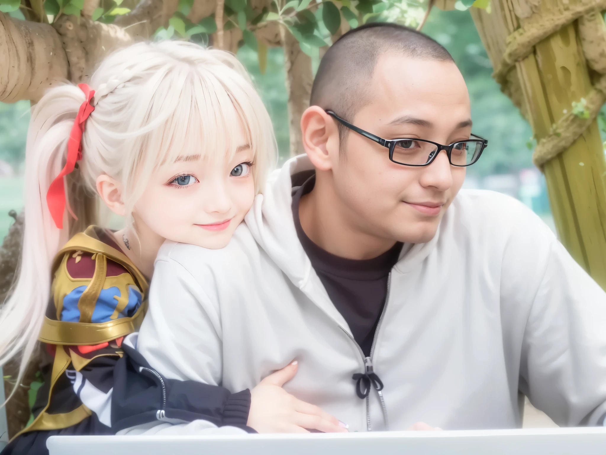man wear white hoodie sitting in front of a laptop computer, young japanese girl hug man from behind, white hair girl, innocent girl, dreamy face girl, pig tail hair girl, red eyes girl, smile, ayaka game genshin impact, high quality, best anatomy, ultra high detailed, realistic, 8k, red hair ribbon