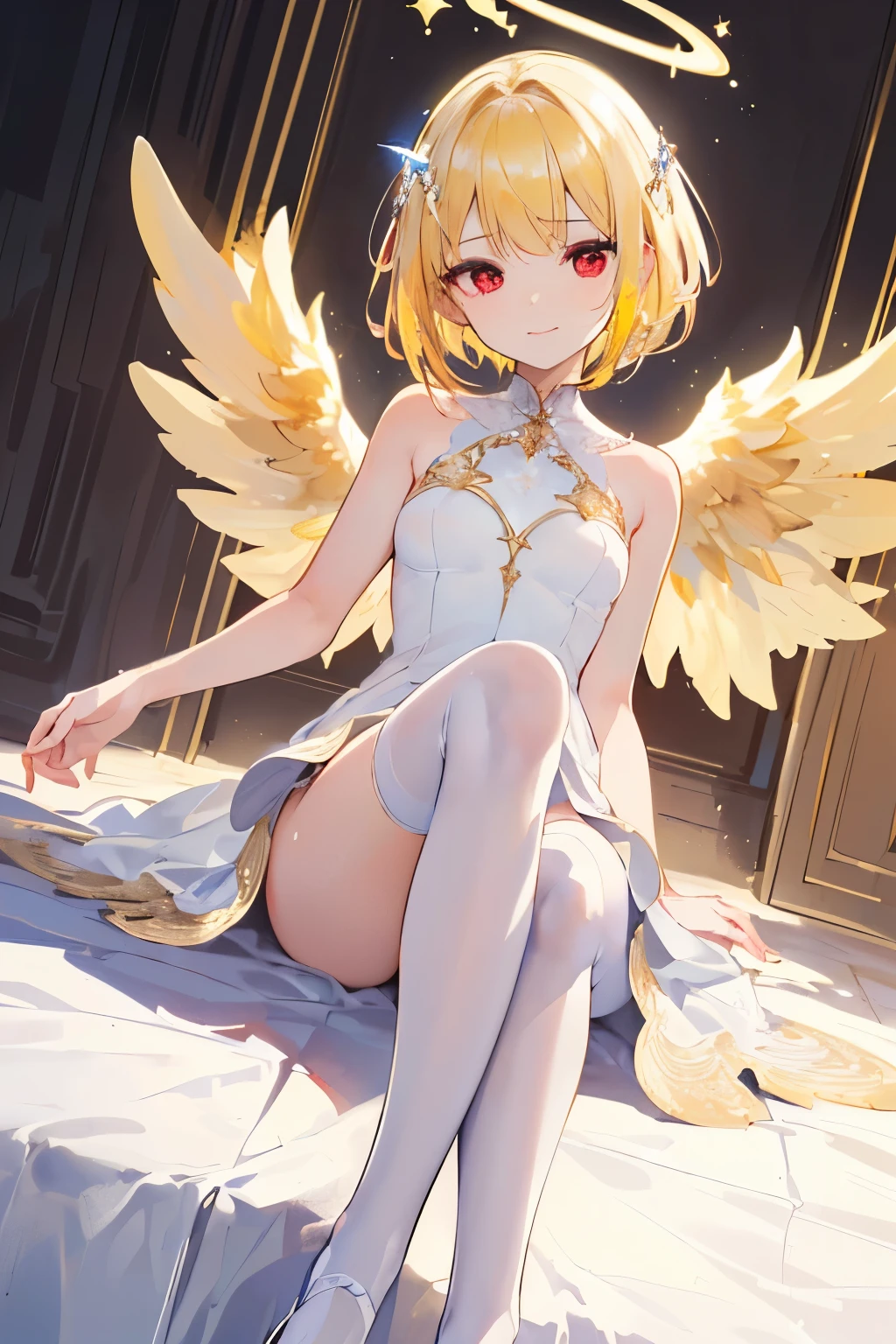 (((1girl))), ((best quality)), ((masterpiece)), ((ultra-detailed)), (illustration), (detailed light), (an extremely delicate and beautiful), (beautiful detailed eyes), (sunlight), ((extremely light)), ((extremely clothes)), (((hyper detail))),(((((front lighting))))),(((((front light))))),
((((quite adorable crystal white dress)))),
, (((angel))),(((angel wings))),(((angel halo))),
wavy short manish bob, ((((yellow gold hair)))), (((short hair))),
(((pure red eyes))),
(((whole body))), aged 13 to 16,
(((condescending expression))), (mischievous smile with sexual satisfaction), (((extra adorable))), (((extra slender shape))),
(((extremely beautiful detailed face))),
(((sitting with a leg up))), (((((Dutch angle))))),(((crystal white panties))),
((())),
(((extremely thin thighs))), (((white stockings)))
