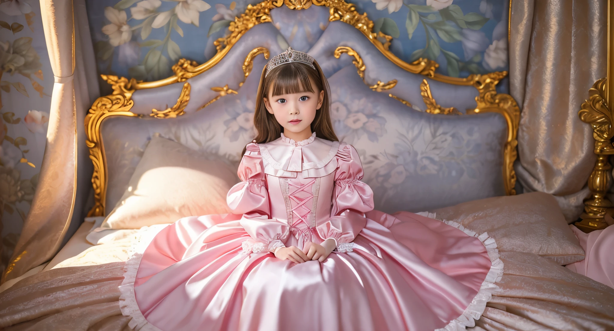 ,highest quality, masterpiece, highest resolution, artwork, super それにget used to it, many get used to it, get used to it, それにget used to it, 3K realistic photos,,(( When I was )),Super detailed baby face,She is a princess,Full length ball gown dress with hoop skirt,ruffled yoke collar,puff sleeves,long sleeve,((Lolita style pink detailed princess satin dress、Comes with lots of frills and ribbons。)),colorful rococo fashion,shiny satin dress,Soft and smooth fabric,luxury,long blonde hair,blue eyes,white skin european,pajamas,((inside the palace)),,,(( When I was 10 years old)),Sd baby face,Full length ball gown dress with hoop skirt,long skirt,ruffled yoke collar,puff sleeves,腰まで伸びるlong blonde hair,blue eyes,white skin european,pajamas,((inside the palace bedroom)),ピンクのシルクサテンのluxuryなcanopy bedの上,canopy bed,luxurious curtains under the canopy,many frilly pillows on the bed,super detailed background,Detailed bed,romantic atmosphere,little princess is sitting on the bed,the dress is spread all over the bed,