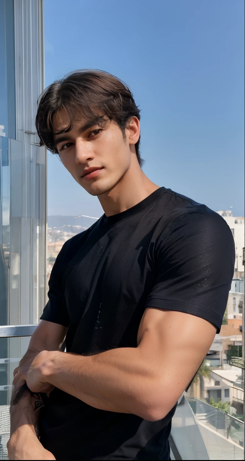 Arafed man standing on a balcony with his arms crossed, inspirado em Taehyung do bts, mid shot of a handsome guy, Christian cline, jovem bonito, rosto perfeito e garoto, bonito e atraente, he is wearing a black t-shirt, por Adam Dario Keel, rasgado, jacob elordi, rosto lindo perfeito, rosto quadrado, cabelo preto, coreano, Sidney Lugo, labios carnudos, Asian, droopy and black eyes