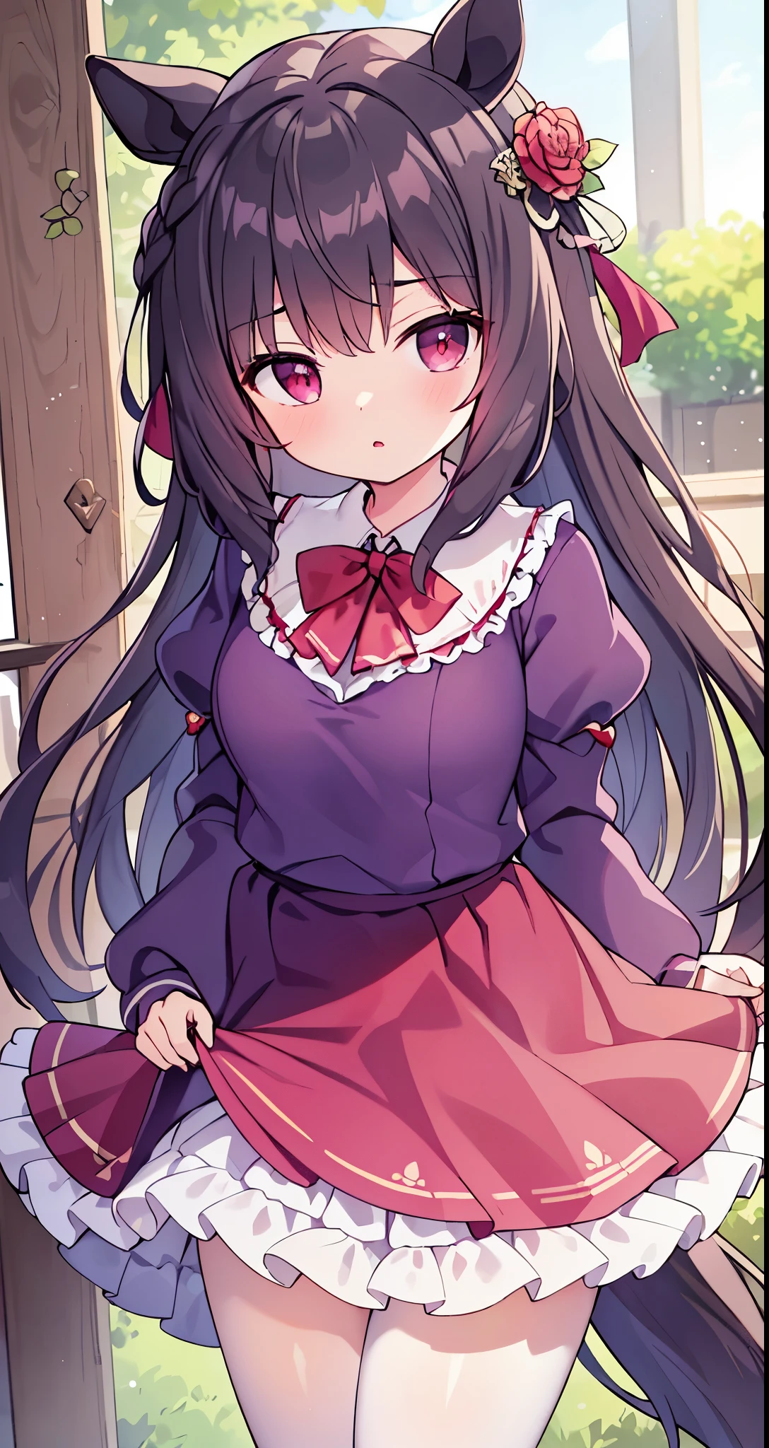 ((​masterpiece、top-quality))、
,Daiichi Ruby,horse_Ears,Red_Eyes,(Purple_Dress,Purple_Skirt), long_Skirt,florals, frilld, flower in hair, Interlocking fingers, long-sleeve,Put your hands together, Puffy sleeves, Red flowers, 独奏, big breasts 
White  pantyhose,White legwear,Small_breasts,
 Look at the viewer、((View from a little above))、(Quiet look)、is standing、dark backgrounds、Dark place、picture frame、Zito-order、Glaring at the viewer、Focus on the back、voluminous skirt、Skirt flutters in the wind、Vertical roll