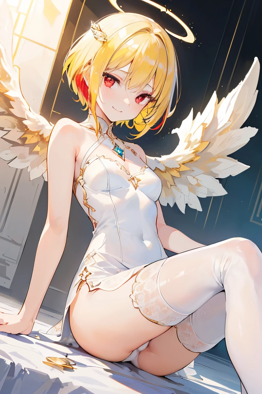 (((1girl))), ((best quality)), ((masterpiece)), ((ultra-detailed)), (illustration), (detailed light), (an extremely delicate and beautiful), (beautiful detailed eyes), (sunlight), ((extremely light)), ((extremely clothes)), (((hyper detail))),(((((front lighting))))),(((((front light))))),
((((quite adorable crystal white dress)))),
, (((angel))),(((angel wings))),(((angel halo))),
wavy short manish bob, ((((yellow gold hair)))), (((short hair))),
(((pure red eyes))),
(((whole body))), aged 13 to 16,
(((condescending expression))), (mischievous smile with sexual satisfaction), (((extra adorable))), (((extra slender shape))),
(((extremely beautiful detailed face))),
(((sitting with a leg up))), (((((Dutch angle))))),(((crystal white panties))),
((())),
(((extremely thin thighs))), (((white stockings)))