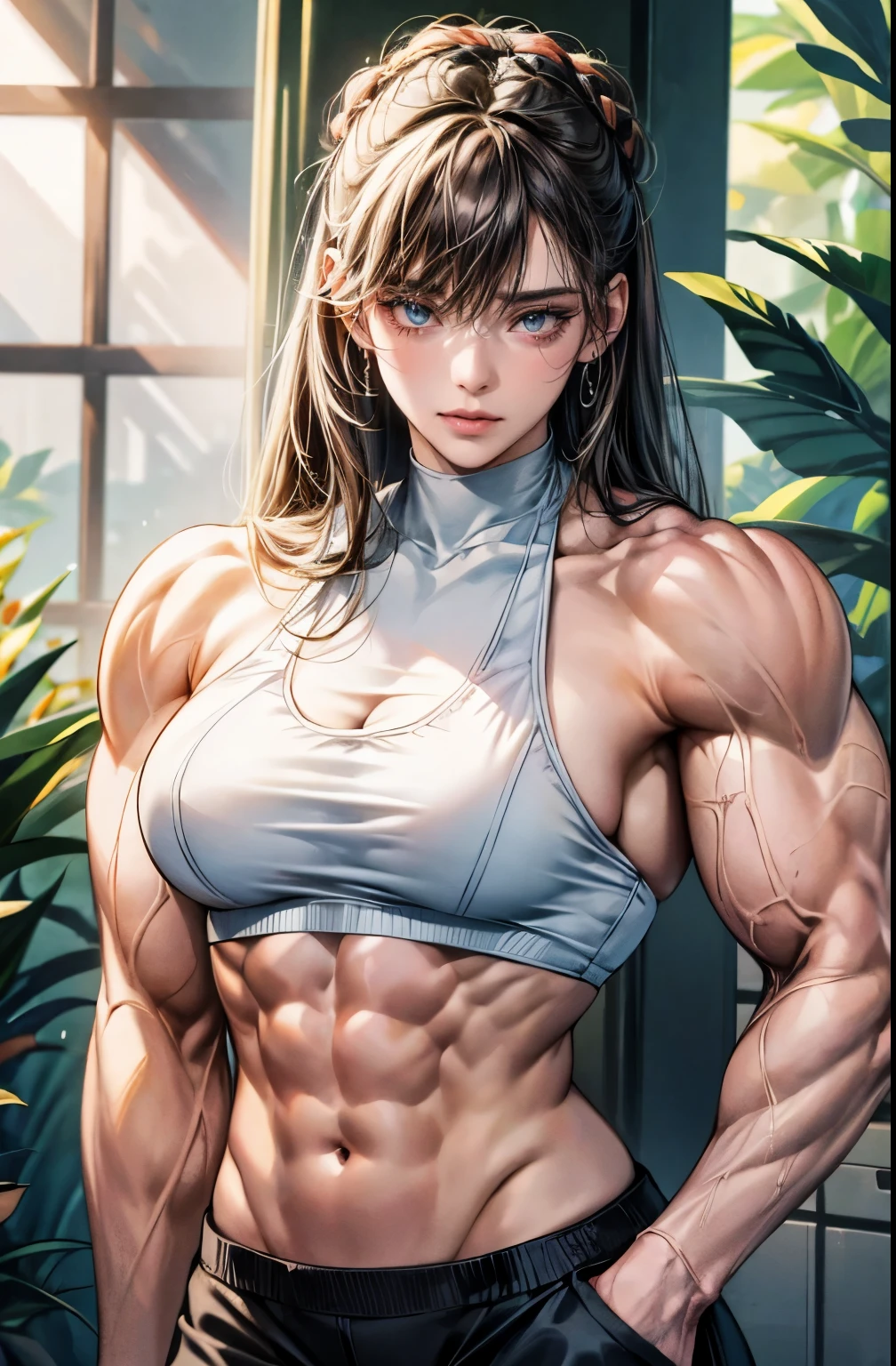 (best lighting) , (Extremely complex and detailed) , 4K unified, (Super detailed CG: 1.2) , (8k: 1.2),(The original), (masterpiece) , (best quality),(masterpiece:1.4),Anime-like high quality,(masterpiece),masterpiece, Super clear picture quality,clearer than,(delicate face)best quality, absurd,((Master of Peace, 4K, 8k, Yes, high resolution))1个girl, female student,She was in the garden,Ten strong abdominal muscles,stand up,Crop topping,dense, There are raised veins on the arms,Oversized muscles,The visual sense of muscle explosion,Muscles feel like they're about to explode,The biceps are as big as several steamed buns,spring, boots, Perfect body, long hair, dynamic poses,legs exposed,Strong leg muscles ((bodybuilder:1.5)),spring Garden,(beautiful bass),(girl),(miss),(((Upper body:1)))Fashionable midriff-baring outfit