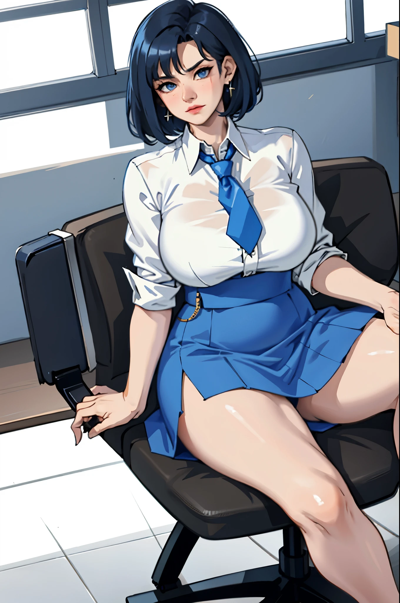 Brid nikke, nikke, sexy woman sitting on chair, massive , massive breasts, white short hair, blue eyes, earrings, one girl, one woman sitting, hd, best quality, 4k, white shirt, office worker clothes, blue tie, blue long skirt , short hair, tall woman, sweating, see thru, hot steamy, slightly annoyed look, supet hot girl with massive ,