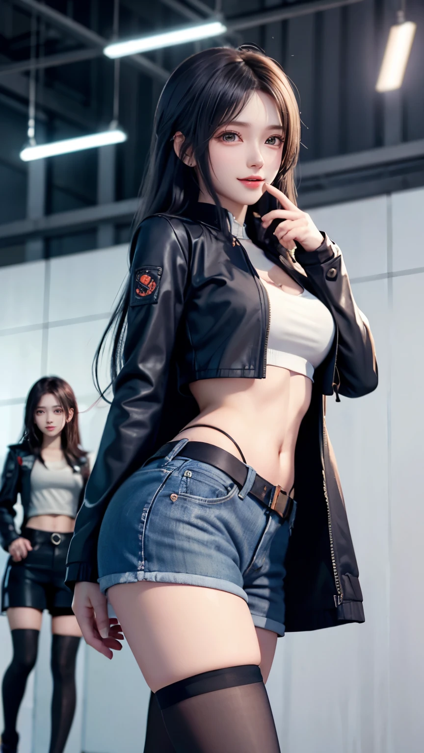 Carrot、Supermodel、Perfect build、Muchimuchi、Three girls are looking at the viewer、 3 girls、、Thighhighs、beautiful feet、hot pants、coat、cyber punk、headphone、gentle smile、Seen by girls from below、Innocent face
