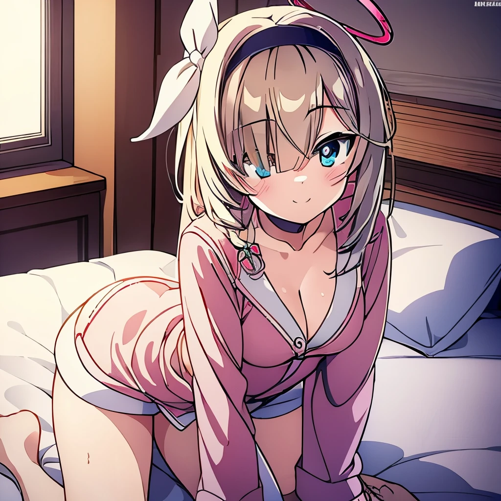 ((masterpiece)), ((best quality)), (ultra-detailed), anime style, on the bed, a cute girl, 1girl, solo, pajama00, ((beautiful eyes)),smile
