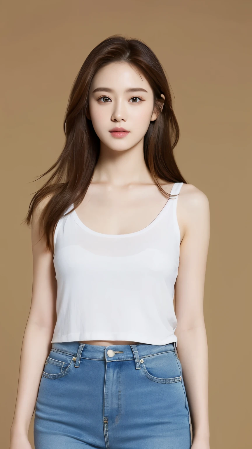 (lifelike, high resolution:1.3), 1 girl with perfect figure, The face shape and eyes are super delicate,long hair, random color tank top:1.2, short jeans, Big Bubu,Baogou