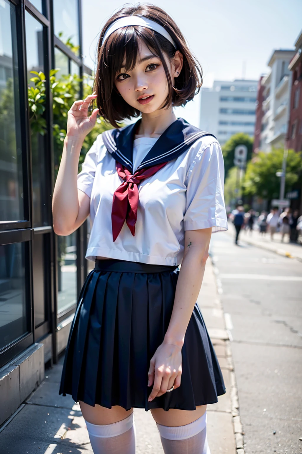 Body 8 times longer than head, (High-definition CG Unity 8K), (highest quality)，(very detailed)，(ultra high resolution), black hair, sailor suit, 紺色のsailor suit, sailor suitを着た女子高生, Dark blue skirt, anime 2d rendering, realistic young anime , ((white headband)), small breasts, tall, slanted eyes, (school scenery), black stockings, during the day, open your mouth a little, smile, bob cut, face detail drawing, small face, 