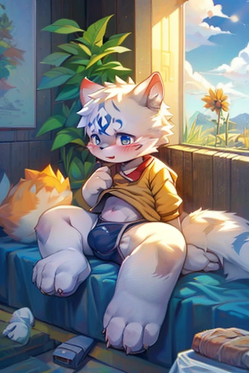 Cute golden furry wolf boy，sitting on bed，Diapers，blush，瑟瑟。
