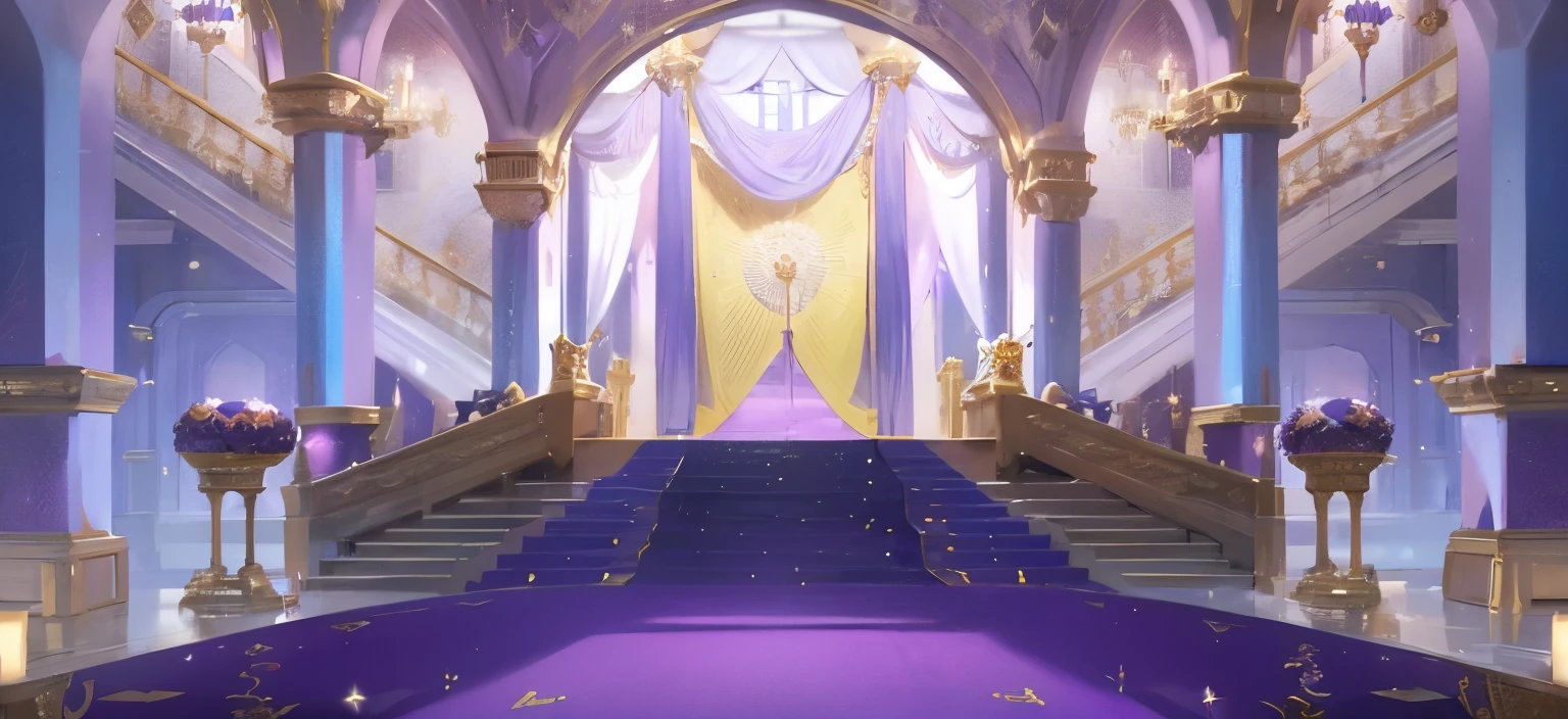 a close up of a purple carpeted staircase with a purple carpet, stunning arcanum backdrop, decadent throne room, light kingdom backdrop, palace background, exquisitely designed throne room, background art, anime background art, throne room, entrance to ethereal realm, opalescent palace, in a throne room, interior background art, inside her surreal vr castle, ballroom background
