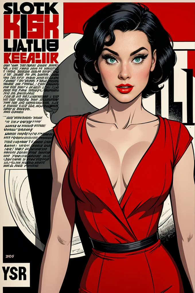 (Masterpiece, Best Quality), 8k Wallpaper, highly detailed, poster, vintage spy film, 1960s, sexy female rental killer, short black hair, cinematic movie poster, Bauhaus, shapes, lines, abstract, propaganda, mid century modern, movie poster, vintage, Lady Killer by Joelle Jones