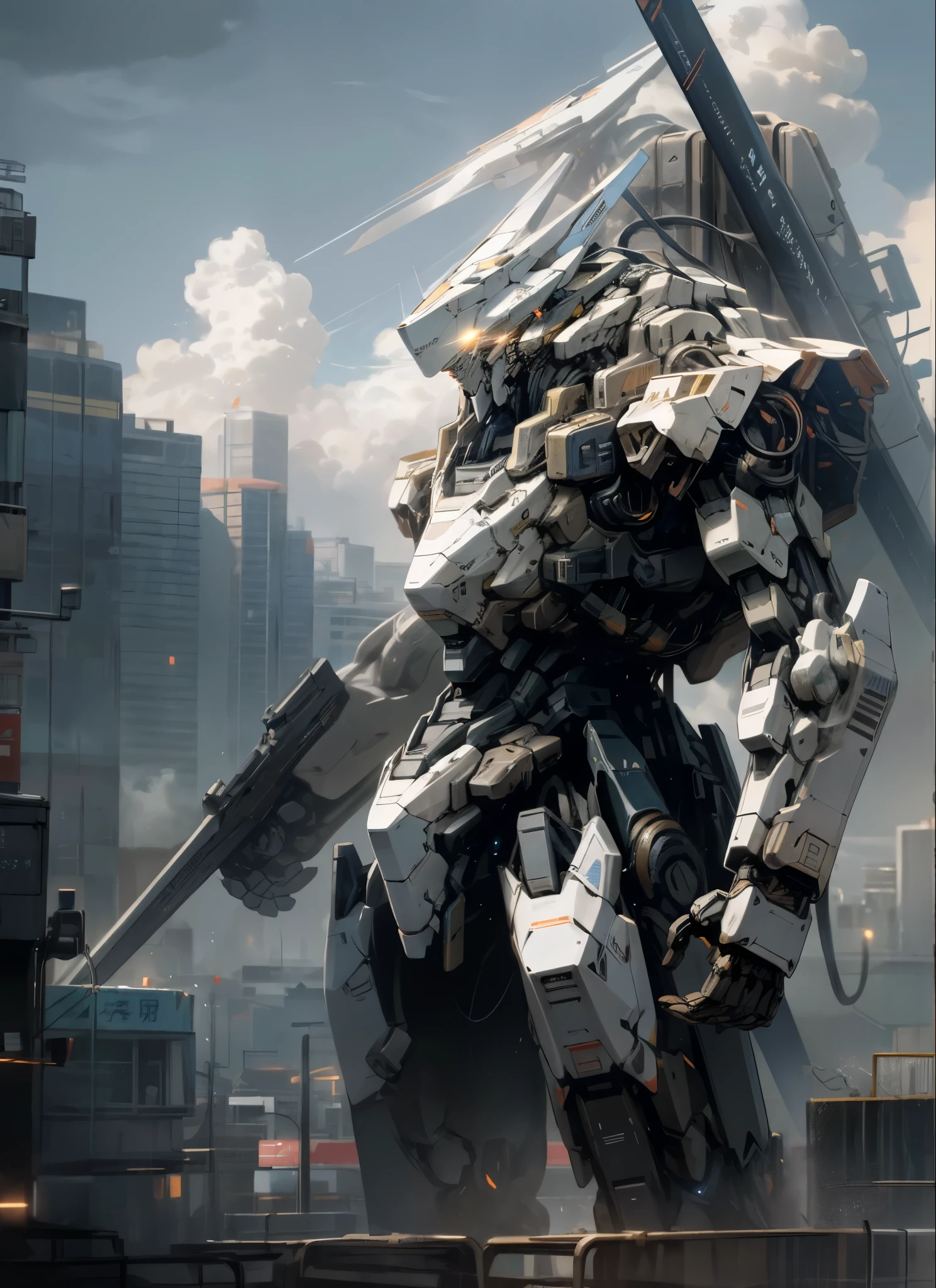 sky, cloud, holding_weapon, no_humans, glowing, , robot, building, glowing_eyes, mecha, science_fiction, city, realistic,mecha